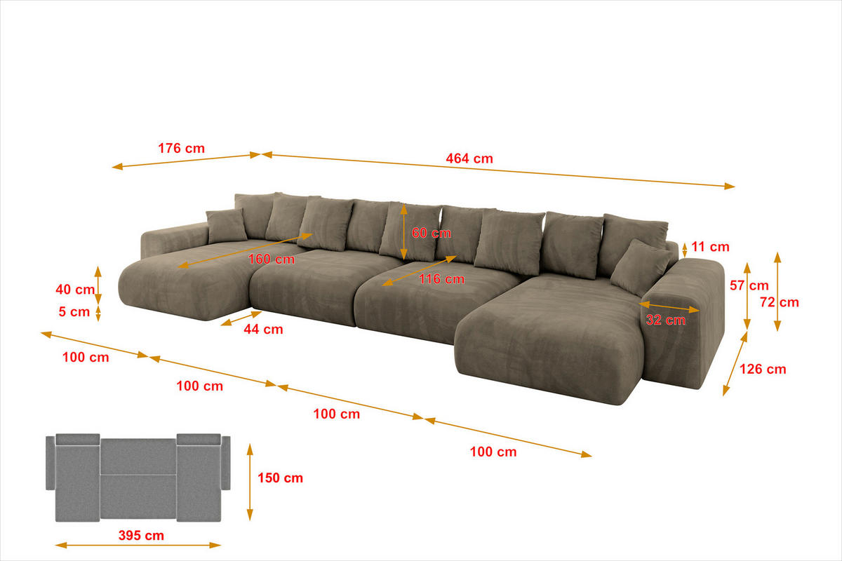 WOHNLANDSCHAFT mit Schlaffunktion ESKAR-U2-464x176x72cm Braun - Braun, Holzwerkstoff/Kunststoff (176/72/464cm) - ALTDECOR