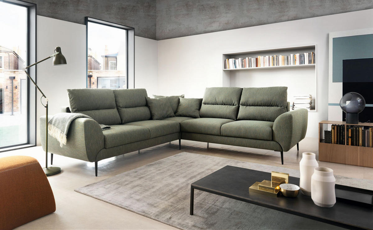 ECKSOFA SETTE Grün Velours-Stoff mit Schlaffunktion - Grün, Holz (265/265cm) - MASSENO
