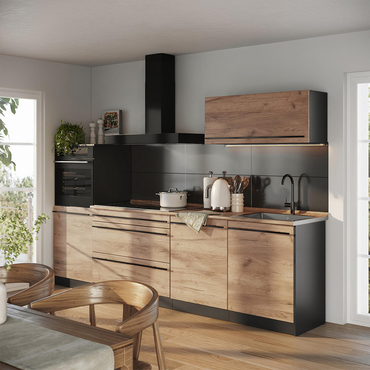KÜCHENZEILE R-Line, Goldkraft Eiche/Anthrazit, 280 cm Arbeitsplatte Goldkraft Eiche - Honigeiche/Anthrazit, Holzwerkstoff (280/143/60cm) - Vicco