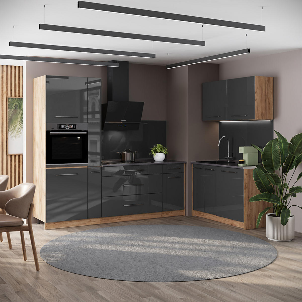 KUCHYNĚ Fame-Line, Antracitový vysoký lesk/Zlatý mocný dub, 220 x 120 cm, PD Dub - medově dubová/vysoce lesklá černá, kompozitní dřevo (220/206.8/60cm) - Vicco