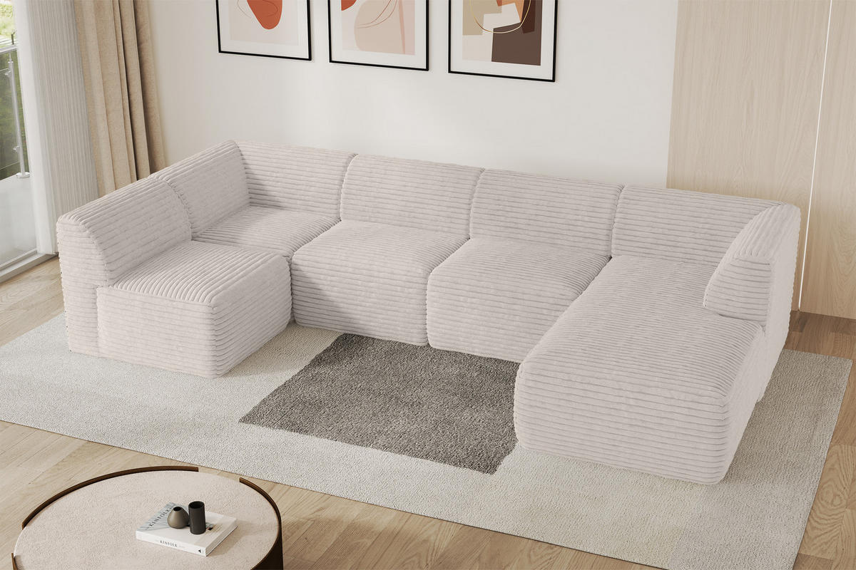 WOHNLANDSCHAFT Ottomane Rechts MOVO-L 345x180x78 cm Creme Cord - Creme, Holzwerkstoff/Kunststoff (180/78/345cm) - ALTDECOR