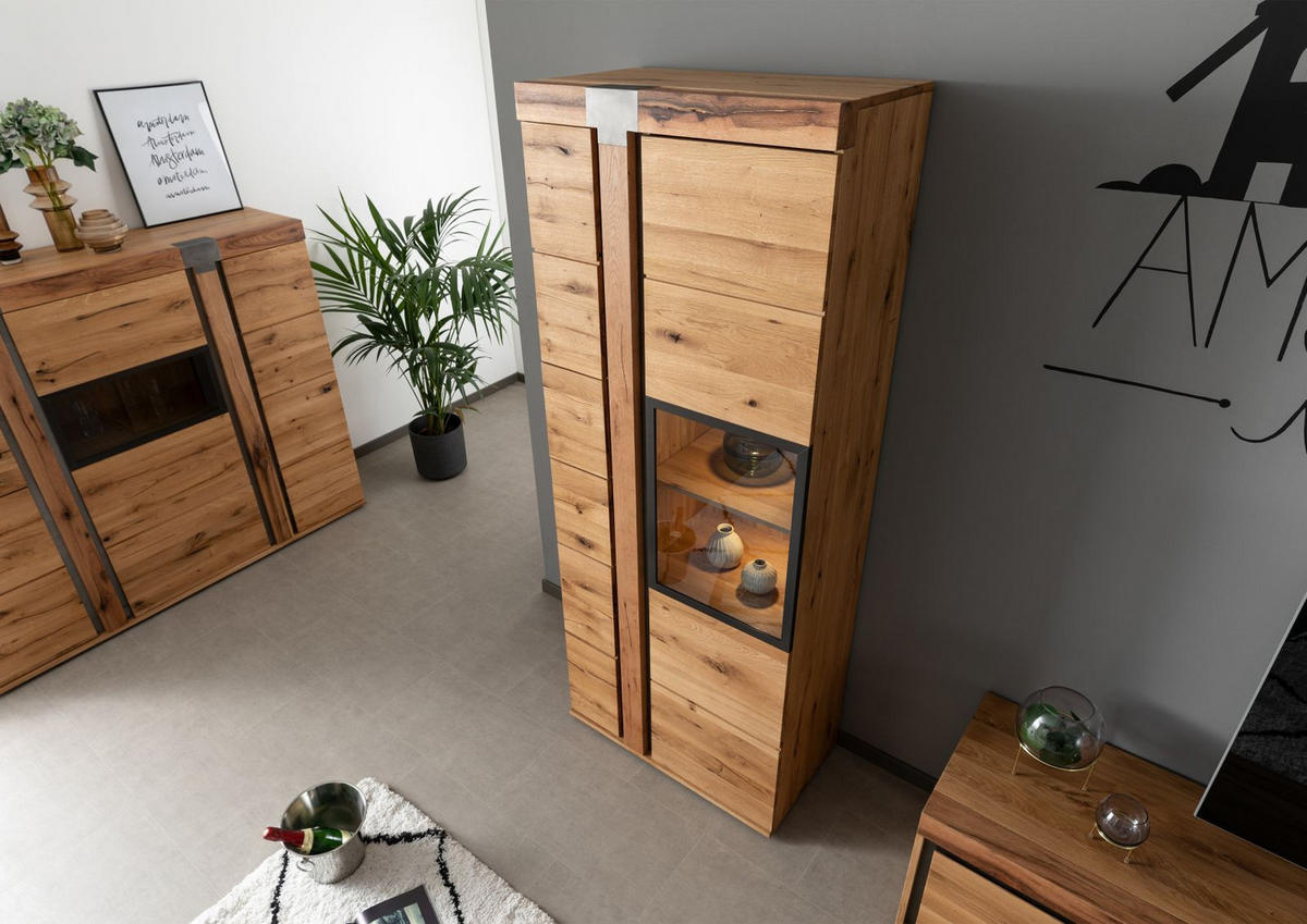 VITRINE Wildeiche / Zerreiche 80x45x204 natur geölt NEW AMSTERDAM #08 - Braun, Holz (80/204/45cm) - Massivmoebel24