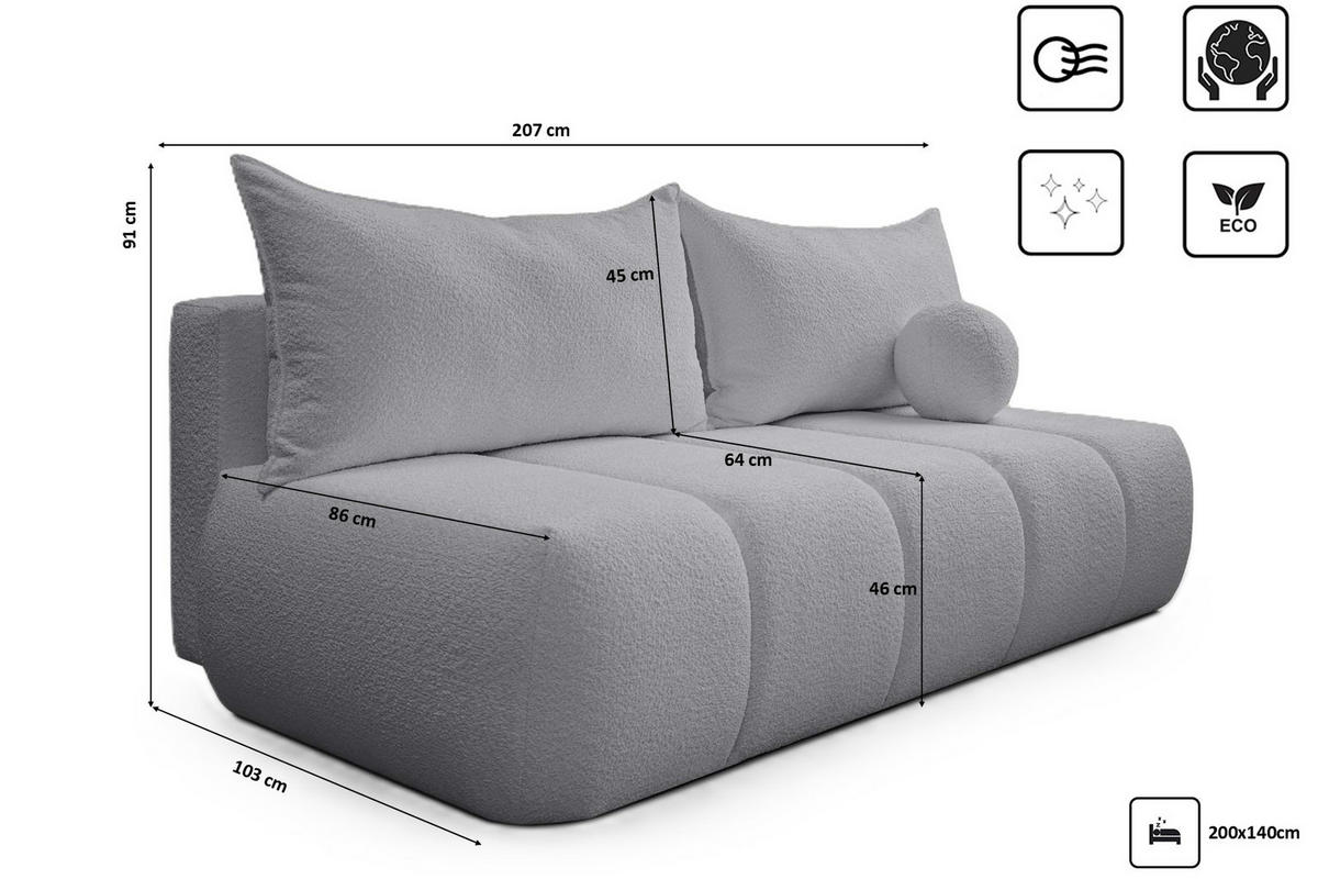 SCHLAFSOFA PIANO Grau - Grau, Holz (207/91/103cm) - Kaiser Möbel