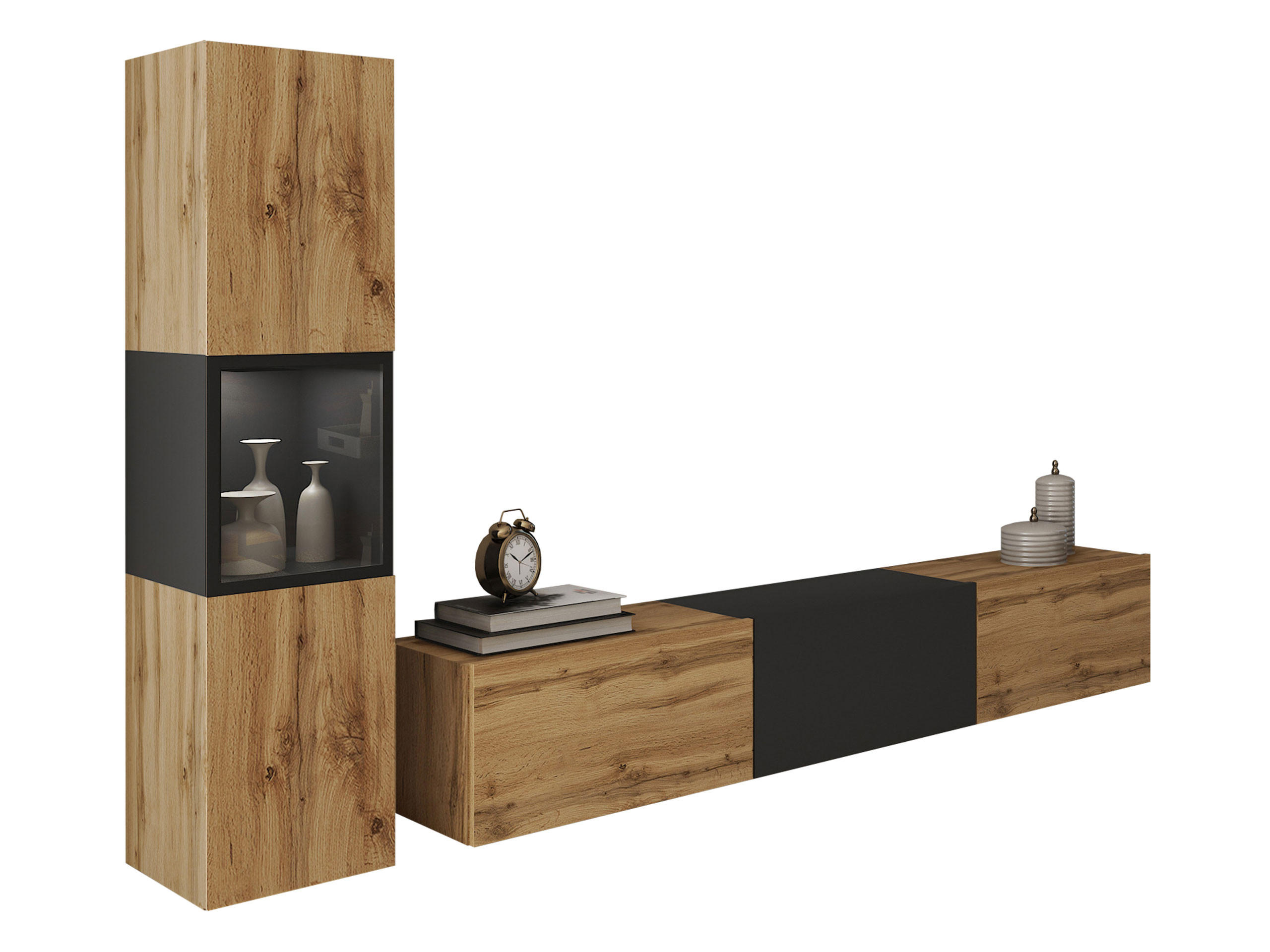 WOHNWAND Berlin I mit weißer LED Beleuchtung - Eiche Wotan/Alufarben, Holzwerkstoff/Kunststoff (180/30/33cm) - MIRJAN24