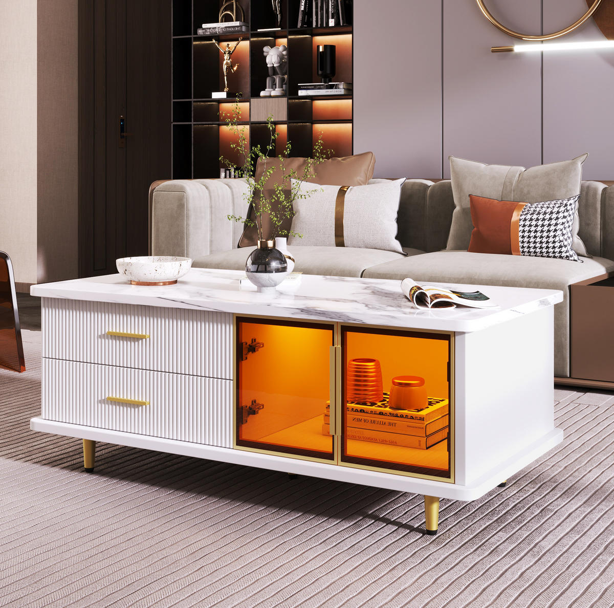 COUCHTISCH 100/50/40 cm mit LED-Beleuchtung, 2 Schubladen und 2 Türen aus gehärtetem Glas, Spanplatte, Weiß - Weiß, Holzwerkstoff (100/50/40cm) - Modfu