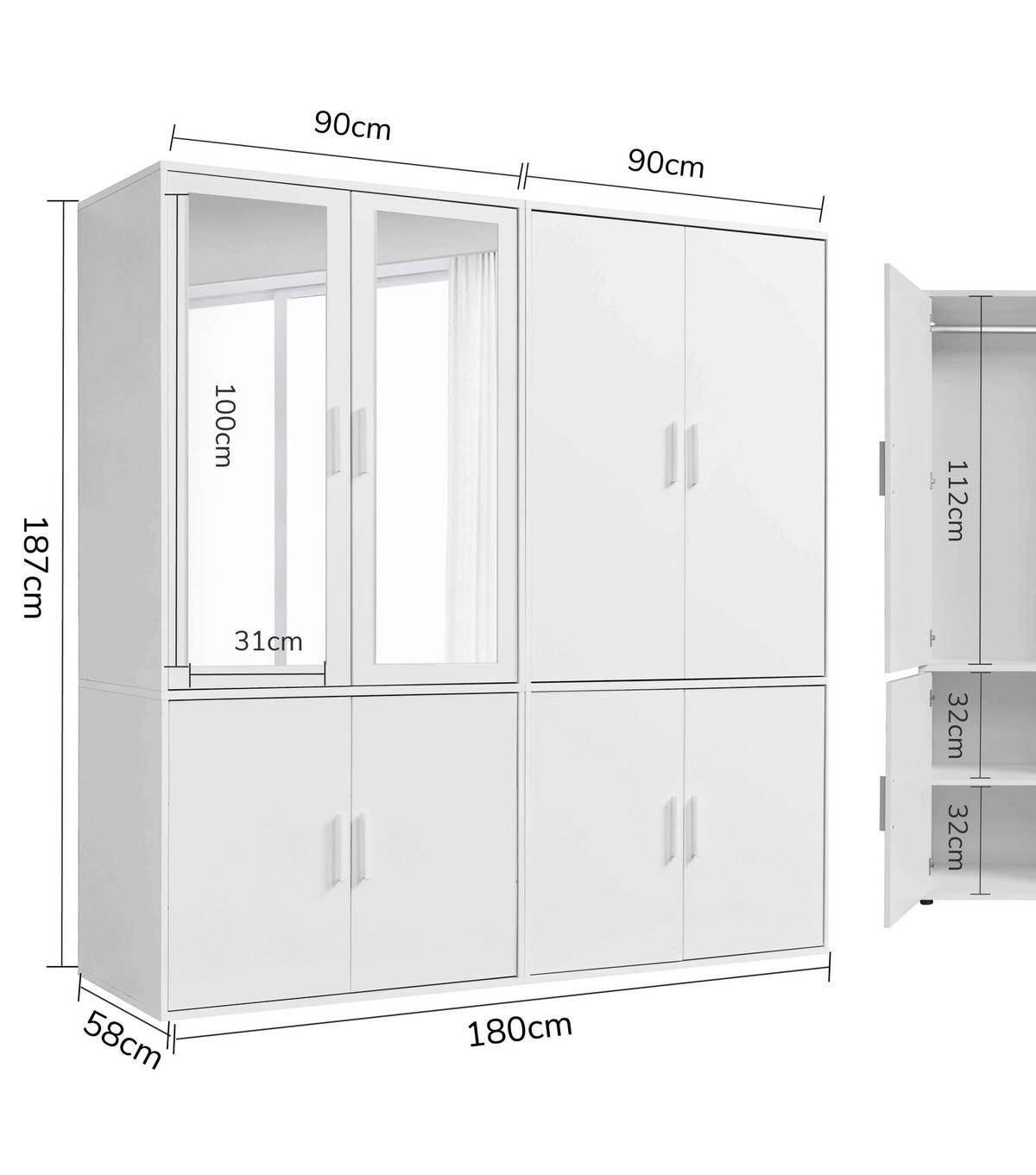 KLEIDERSCHRANK mit Spiegel Der Grenzenlose - Weiß, Holzwerkstoff (180/187/58cm) - Mokebo