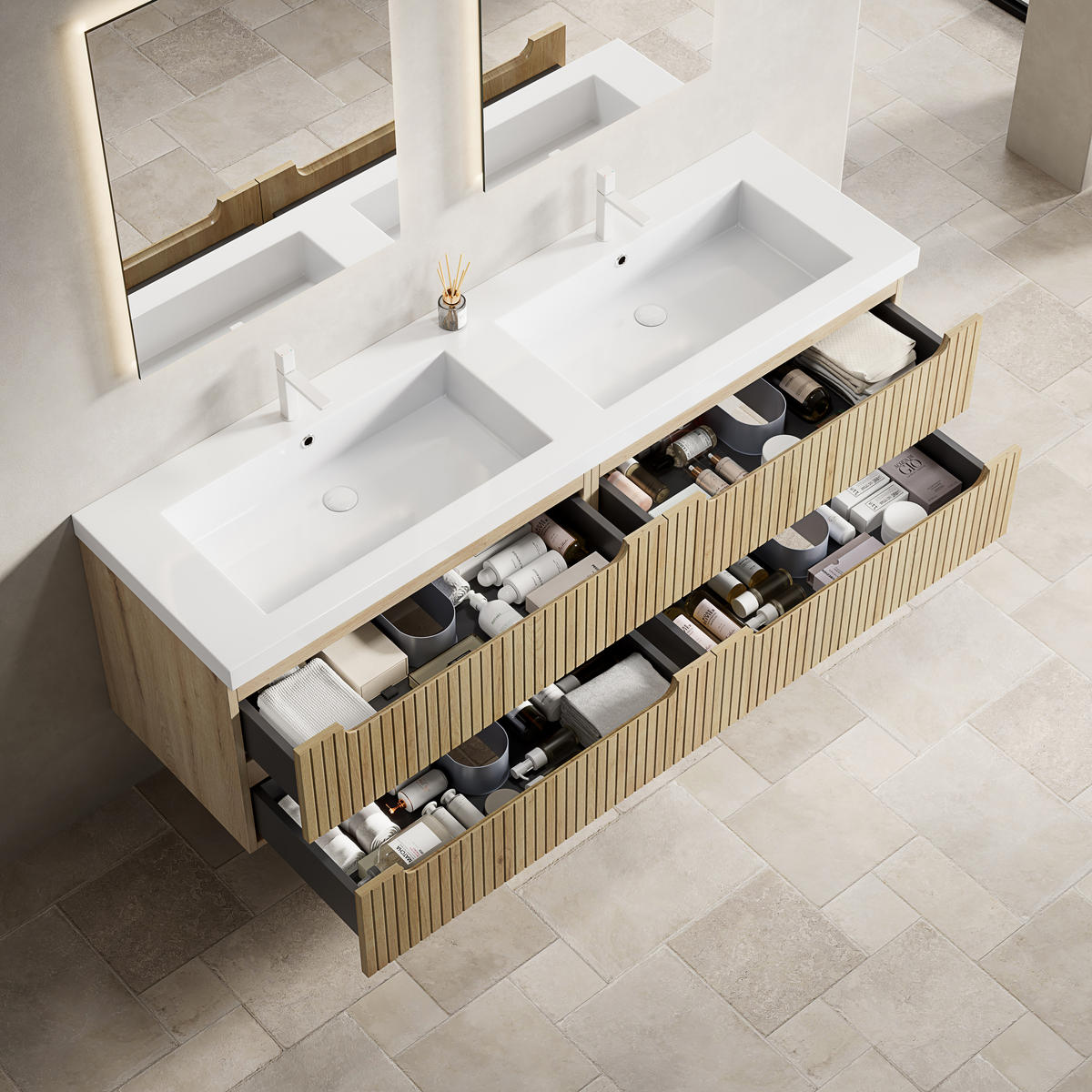 WASCHTISCHUNTERSCHRANK 160x46x53cm Weiß/Weißeiche mit Kunststeinbecken - Eichefarben, Kunststoff (160/53/46cm) - Modfu