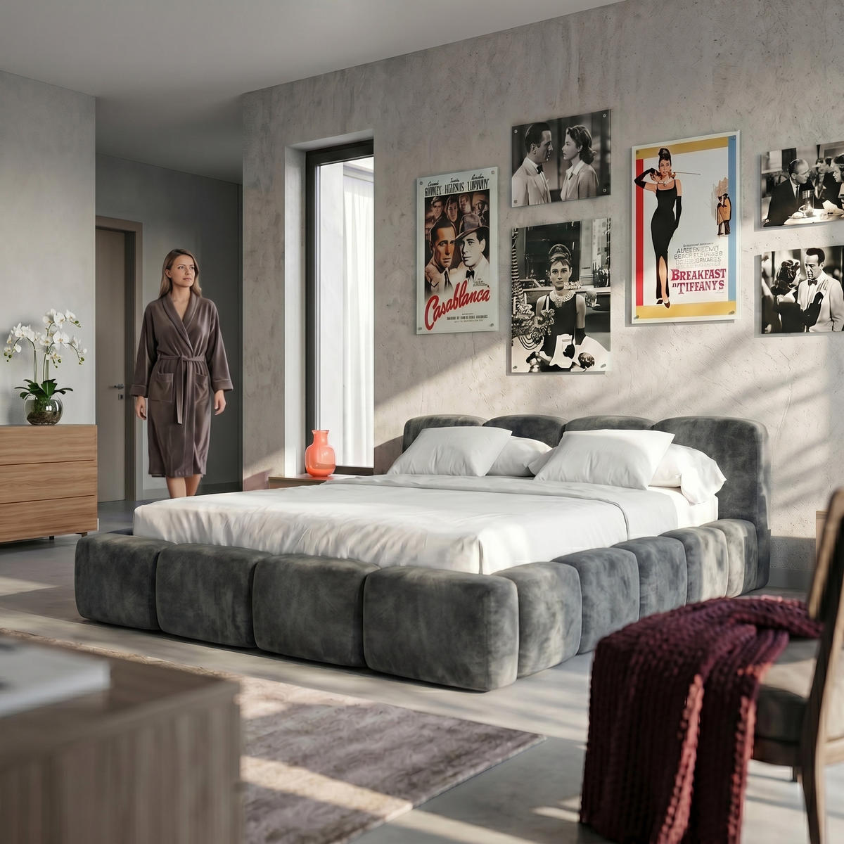POLSTERBETT SUENO 140x200 cm in Grau, gepolstertes Kopfteil, Metalllattenrost, Bettkasten, Velour-Stoff - Naturfarben/Grau, Holz/Textil (140/200cm) - Muffo
