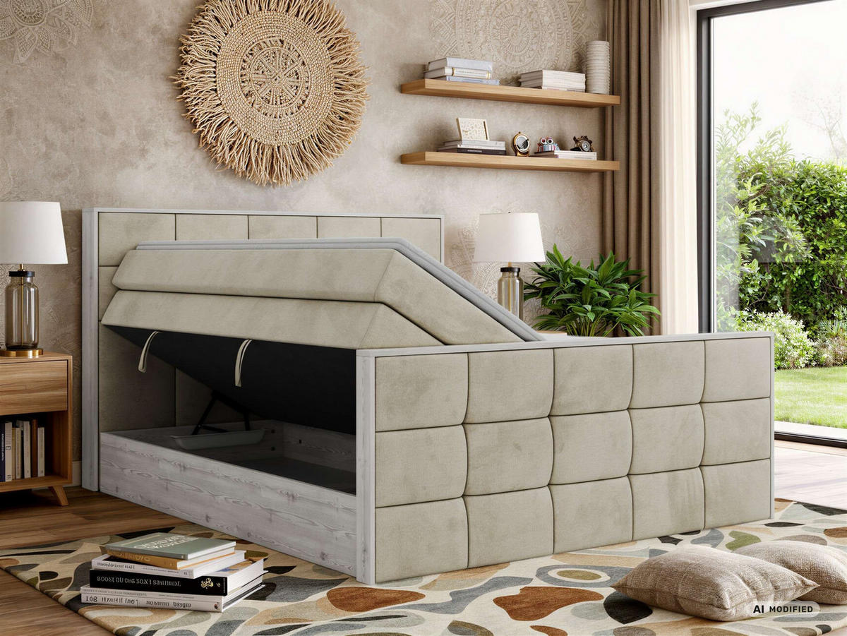 BOXSPRINGBETT ALNOR KING DUO 180/200 - Beige Velvet - Topper Visco - H4 - Beige/Schwarz, Kunststoff/Textil (180/200cm) - MKS