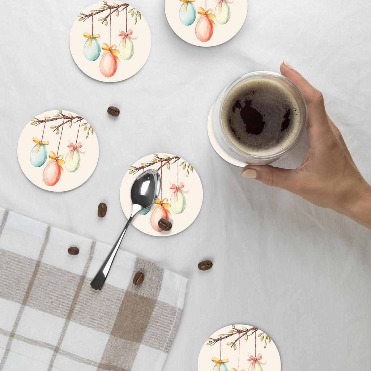 GLASUNTERSETZER Osterkuchen - Schleife - Eier 10x10 cm - Creme, Naturmaterialien (10/0.2cm) - MuchoWow