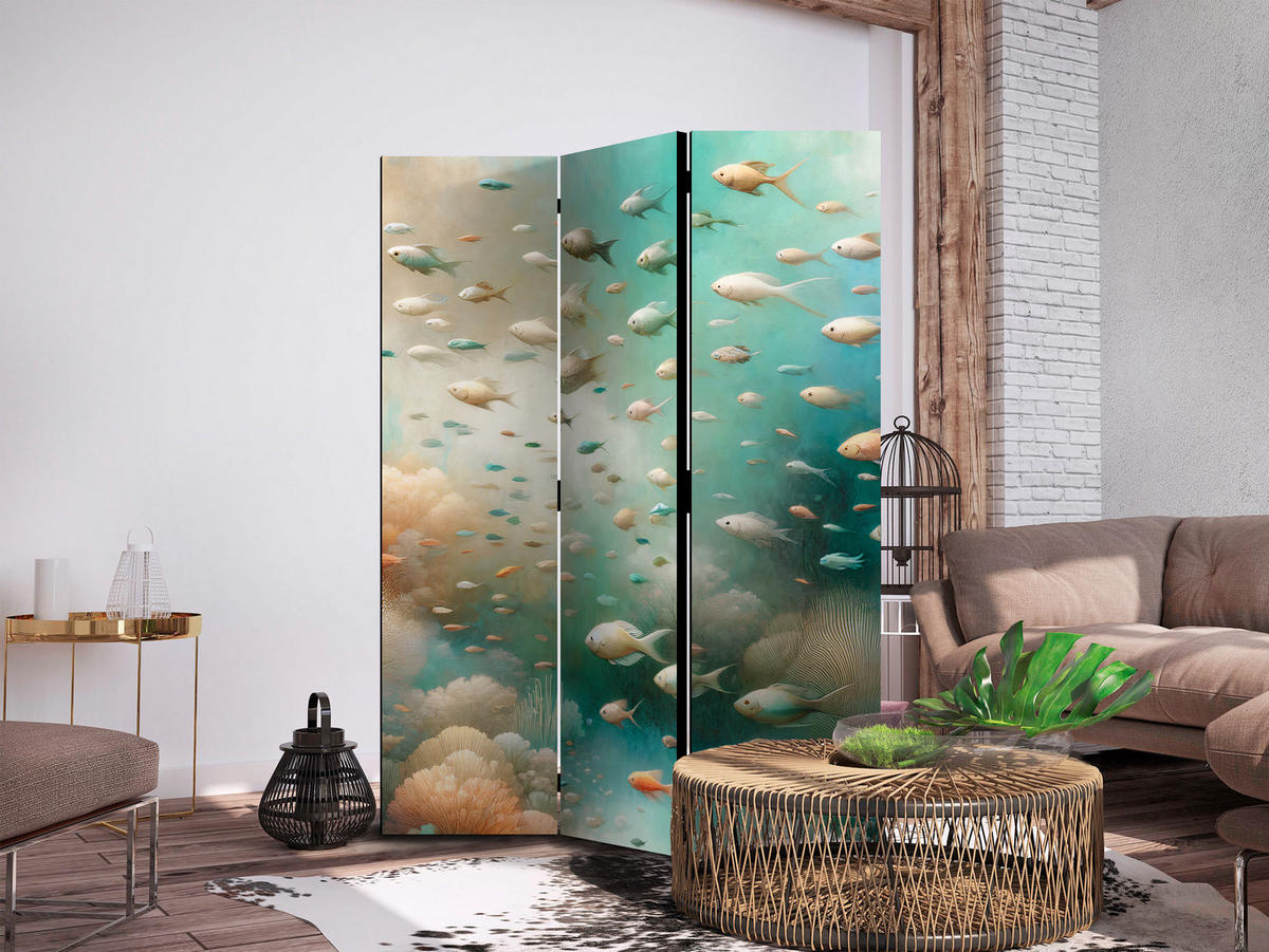 PARAVENT Einseitig Bedruckter 3-tlg 135x172 cm Fische Im Ozean Boho - Multicolor, Holz/Textil (135/172/3cm) - Muralo