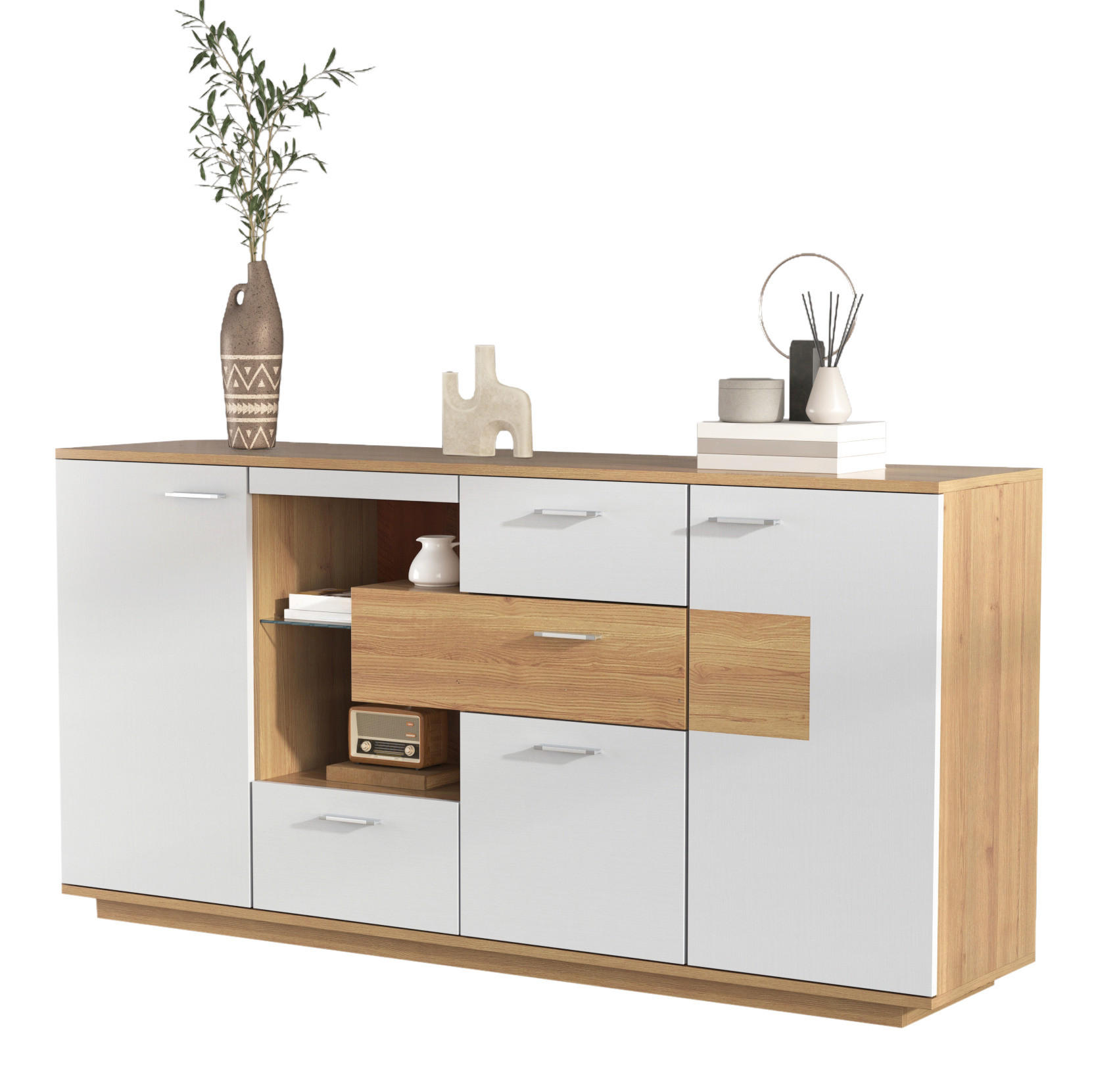 Modfu KOMODA z MDF 160x40x77 cm v dekoru dřeva a bílá se 2 dvířky, 4 zásuvkami, LED osvětlením a nastavitelnými policemi