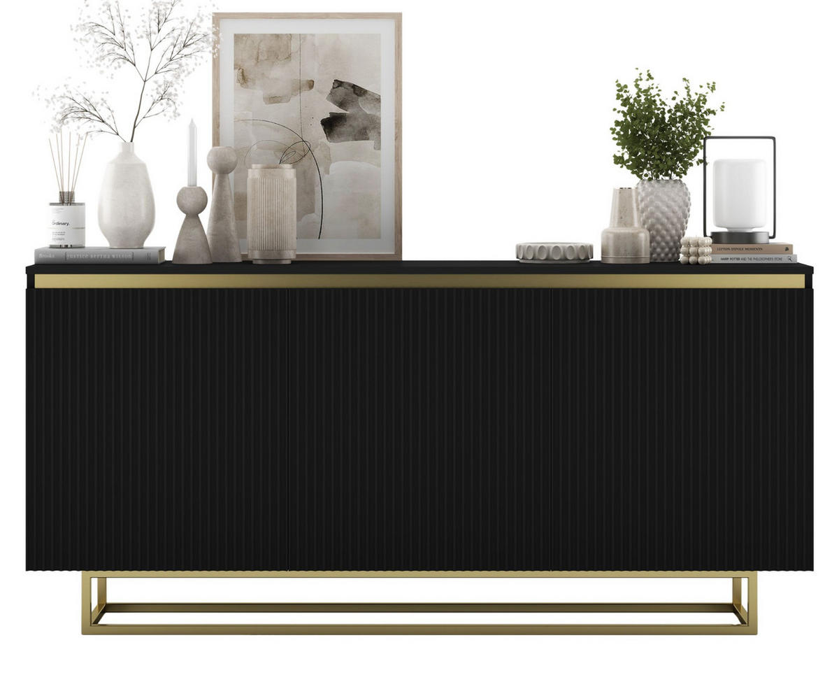 SIDEBOARD Selene 3D Schwarz Matt mit geriffelten Fronten Glamour 167 cm - Goldfarben/Schwarz, Holzwerkstoff/Metall (167/79/35cm) - Meble Lindner