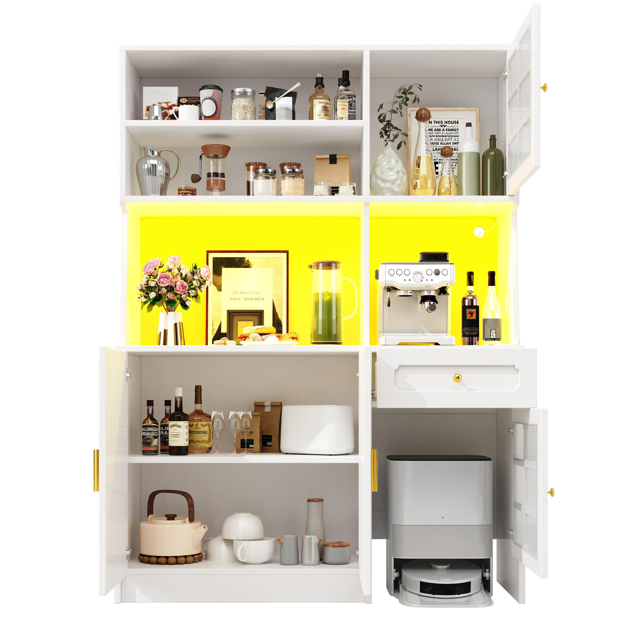 OKWISH KUCHYŇSKÁ skříň 130/45/180 cm bílá z MDF s LED osvětlením a vitrínou