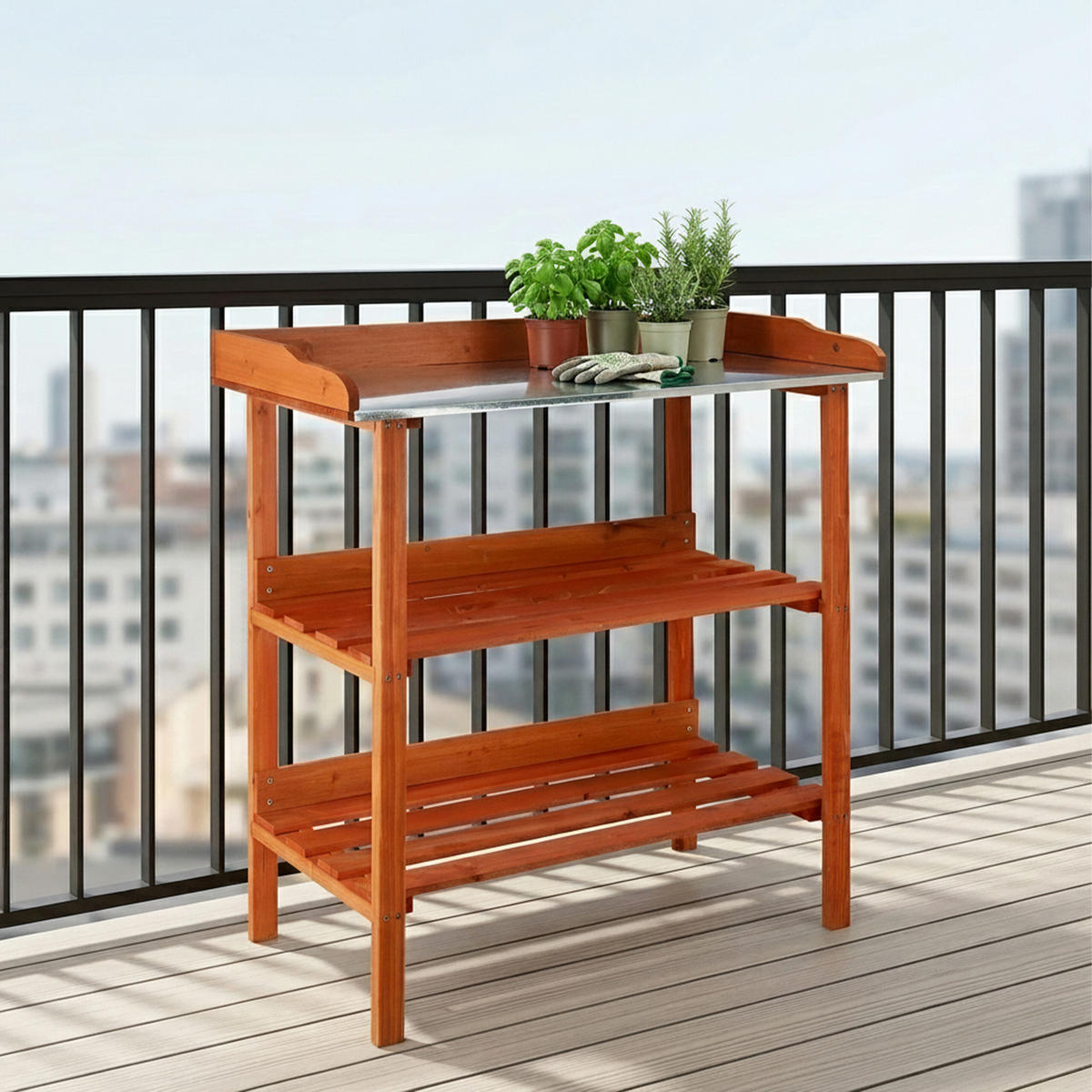 PFLANZTISCH Orange Holz Metallplatte 91,8 cm - Orange, Holz/Metall (91.8/87.5/41.5cm) - Relaxdays