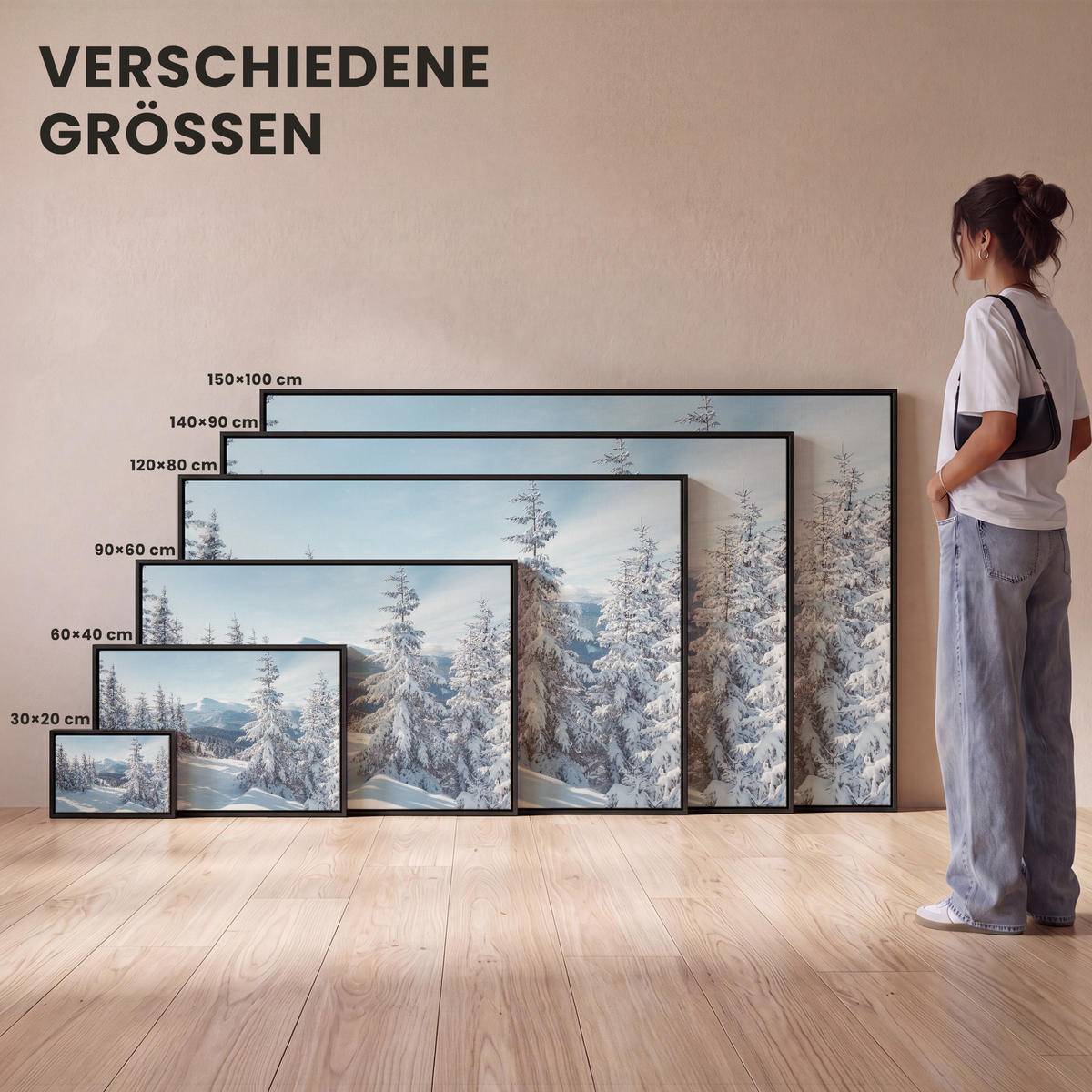 LEINWAND Bilder mit Rahmen - Winterlandschaft - Natur - Berge - Bäume - Schnee - 60x40 - Hellblau, Textil (60/40cm) - MuchoWow