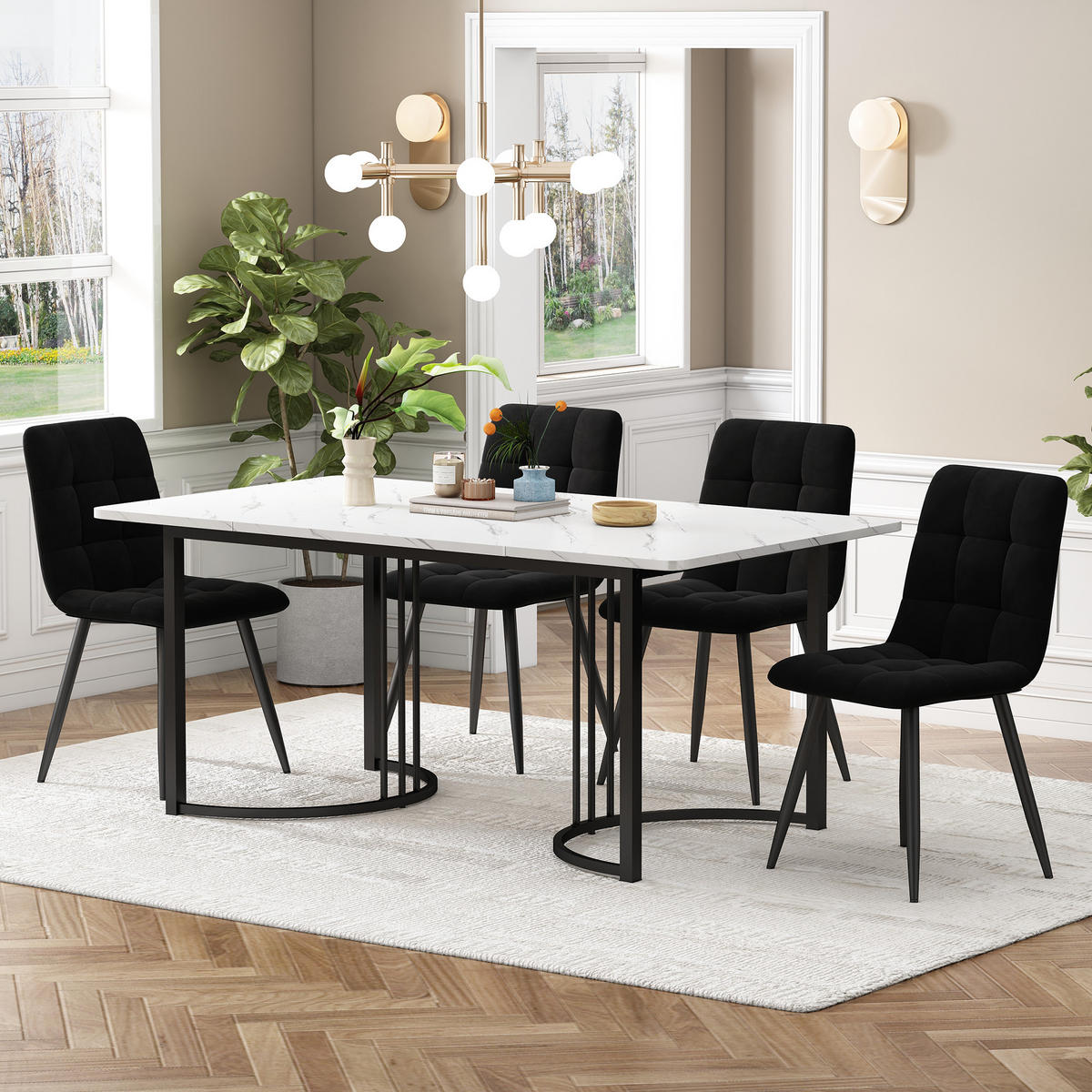 ESSZIMMER-SET 5-tlg mit Marmor-Spanplatten-Tisch 140x80, vier Samtstühlen mit verstellbaren Metallbeinen, weiß-schwarz - Schwarz, Holzwerkstoff (80/75/140cm) - Luhomfu