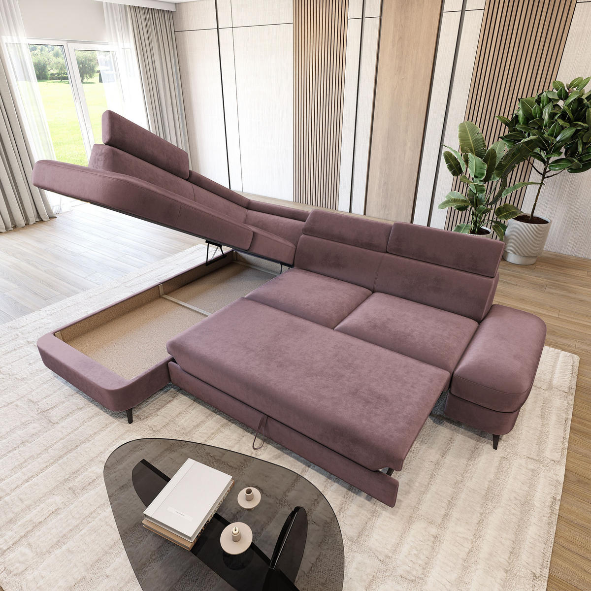 ECKSOFA AVISE M L-S Lila Velours-Stoff mit Schlaffunktion - Lila, Holzwerkstoff/Textil (268/195cm) - MASSENO