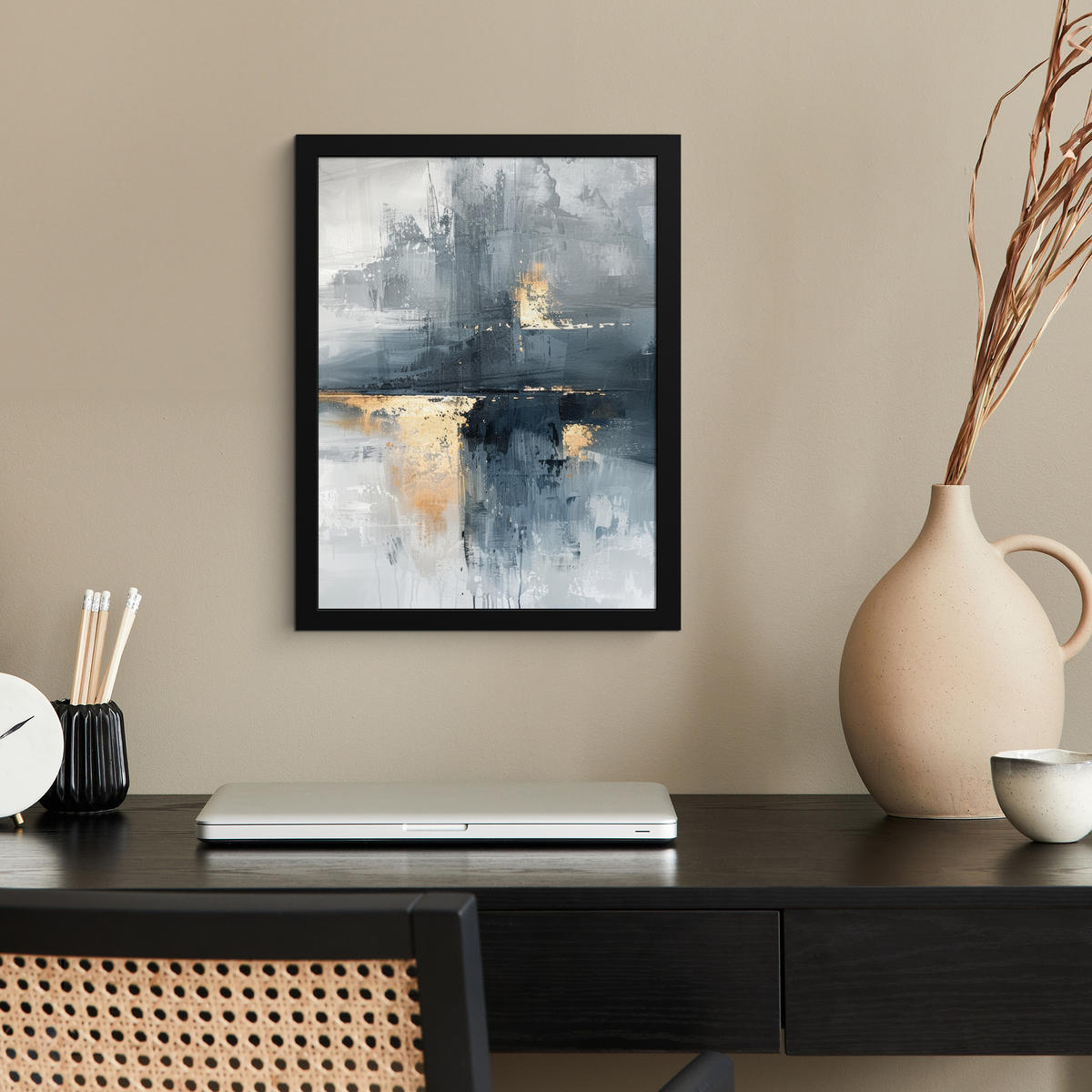 GERAHMTES BILD Kunst - Grau - Gold - Abstrakt 30x40 cm - Dunkelgrau, Papier (30/40cm) - MuchoWow