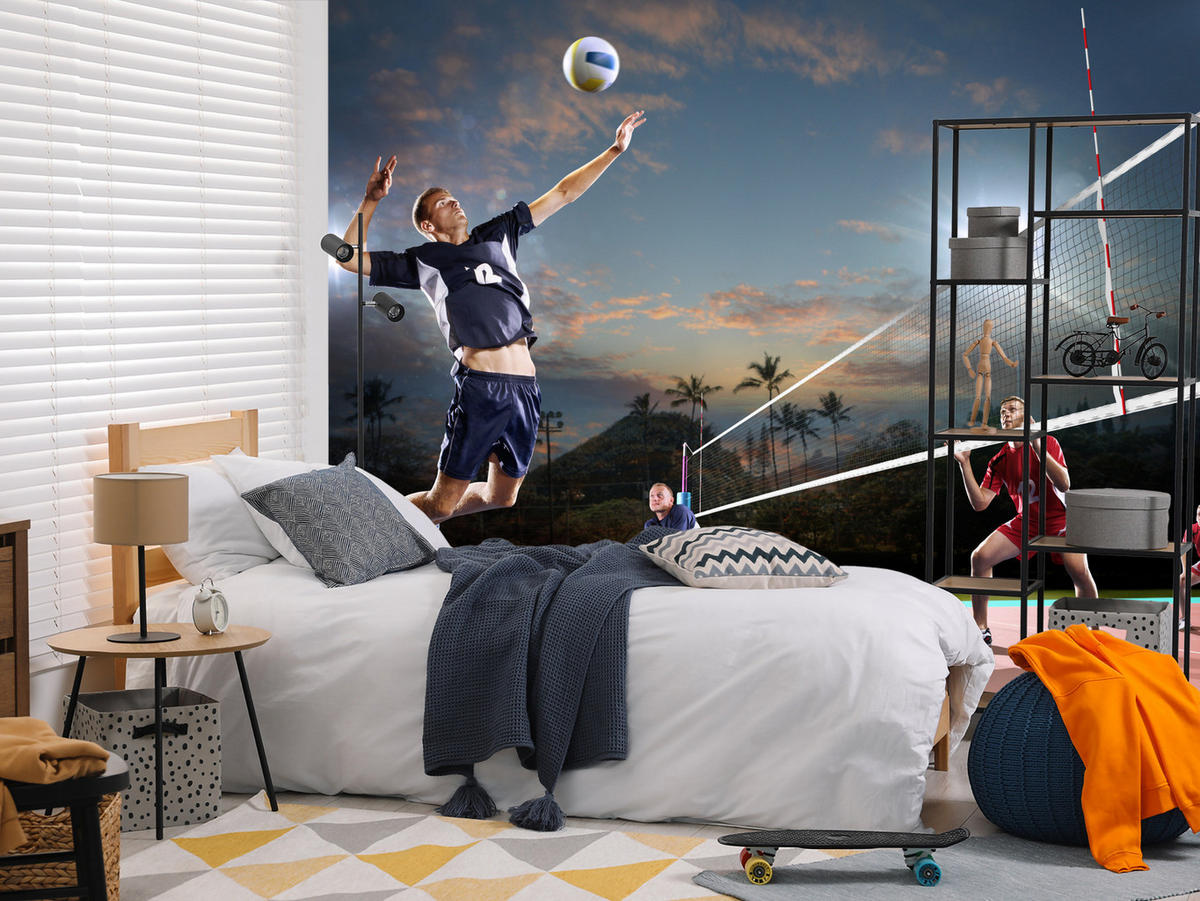 FOTOTAPETA Pre Študentskú Izbu Volejbal Pláž Trópy Zápas Hráč Palmy 250 x 175 cm - oranžová/čierna, papier (250/175cm) - Muralo