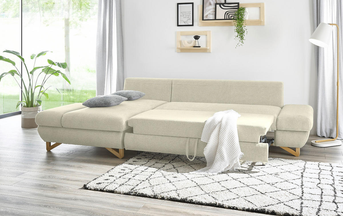 ECKSOFA beige Struktur-Stoff, Sofa mit Bettfunktion und Stauraum 284 cm - Beige, Holz/Textil (166/284cm) - Furn.Design