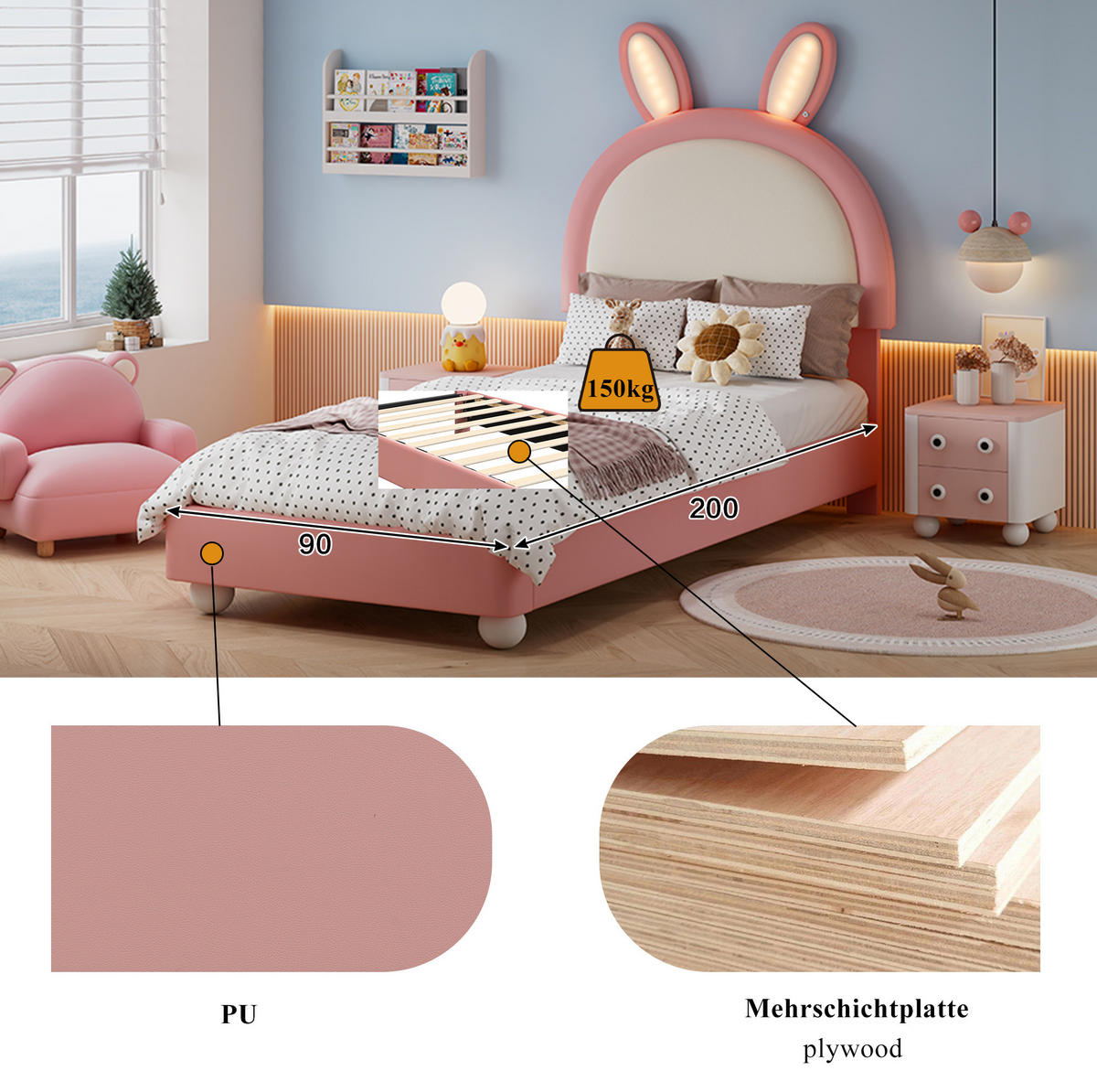 POLSTERBETT 90/200 cm Rosa+Weiß aus PU mit LED und Hasen-Kopfteil - Weiß, Kunststoff (90/200cm) - OKWISH