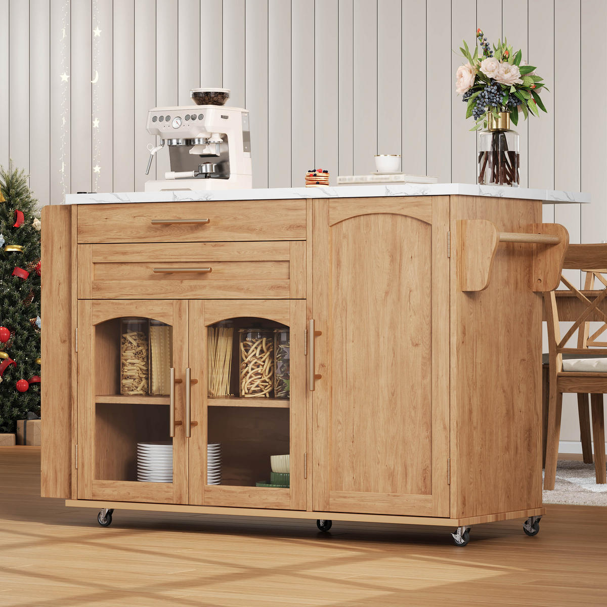 KÜCHENINSEL in Weiß und Naturfarbe Servierwagen mit Besteckschublade für Küchen und Wohnzimmer, B120/T45 (70)/H90 cm - Naturfarben, Holzwerkstoff (138/90/70cm) - STILVORA