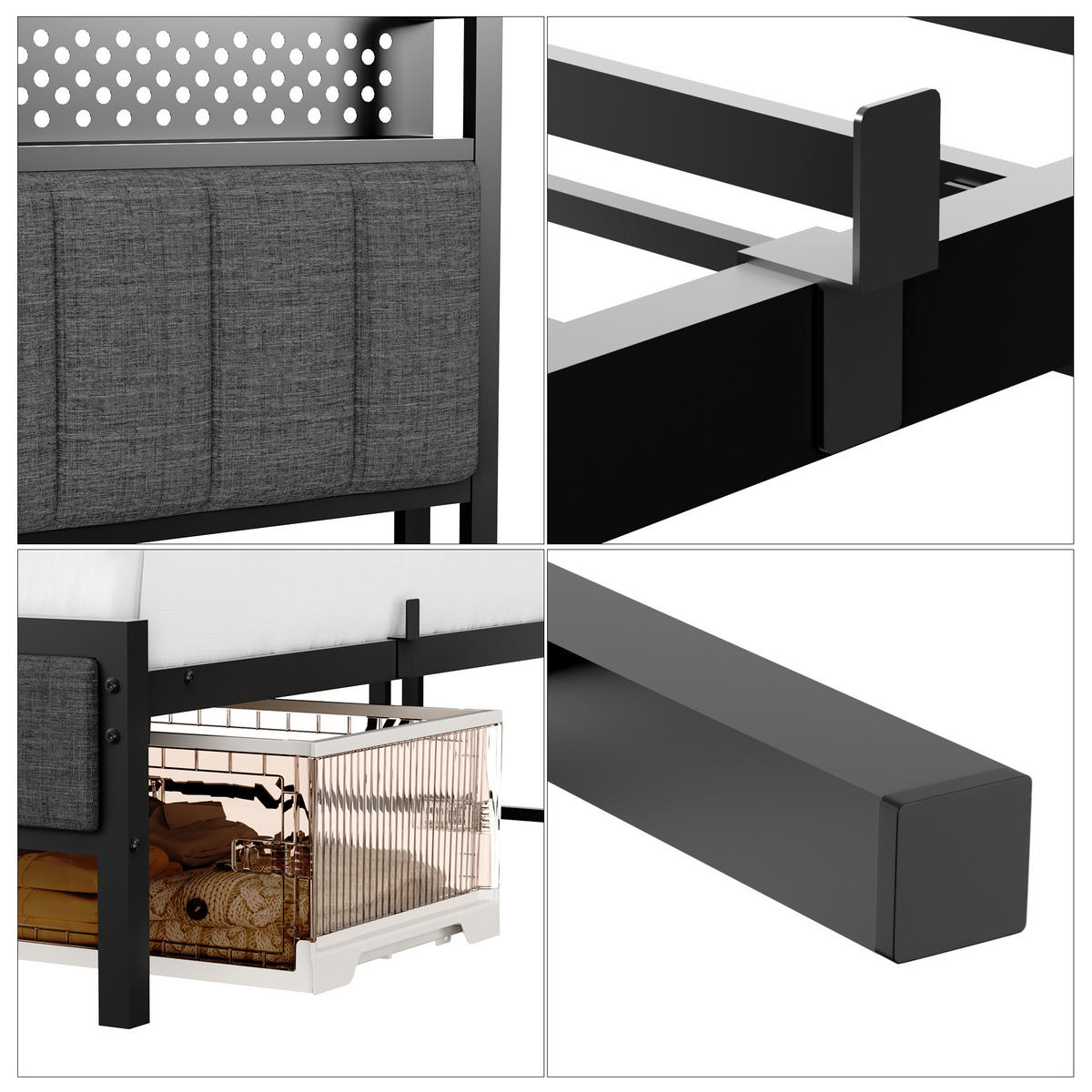 METALLBETT 90/200 cm Schwarz mit Stauraum-Kopfteil mit USB-Anschlüssen - Schwarz, Metall (90/200cm) - OKWISH