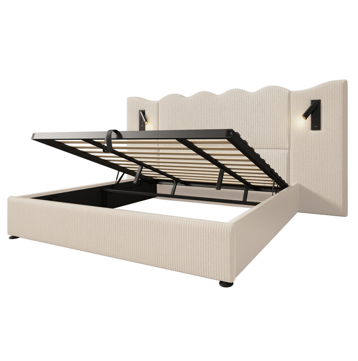 POLSTERBETT 180/200 cm mit Leselampe, USB- und Type-C-Anschlüssen, hydraulischem Bettkasten aus Cordstoff, Beige-Weiß - Weiß, Textil (180/200cm) - Redom