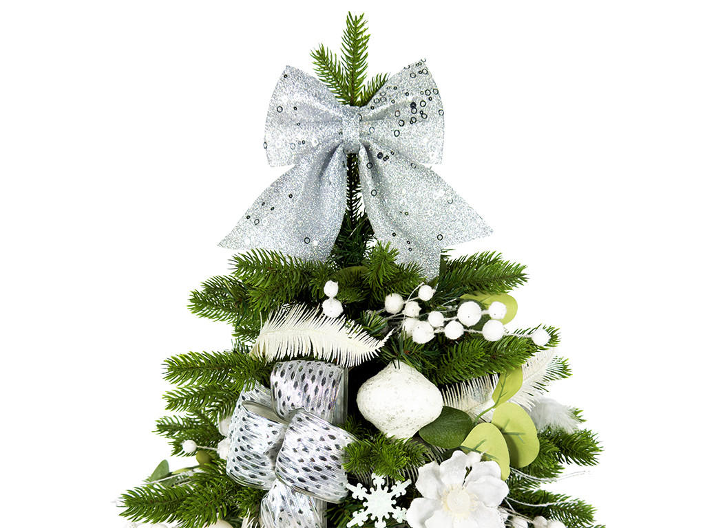 WEIHNACHTSBAUM künstlicher 60 cm mit LED-Beleuchtung, WEISSEMELODIE II, mit 29 Weihnachtsbaumschmuck, Pflanztopf mit Jutesack - Silberfarben/Weiß, Kunststoff/Stein (40/60cm) - LAALU