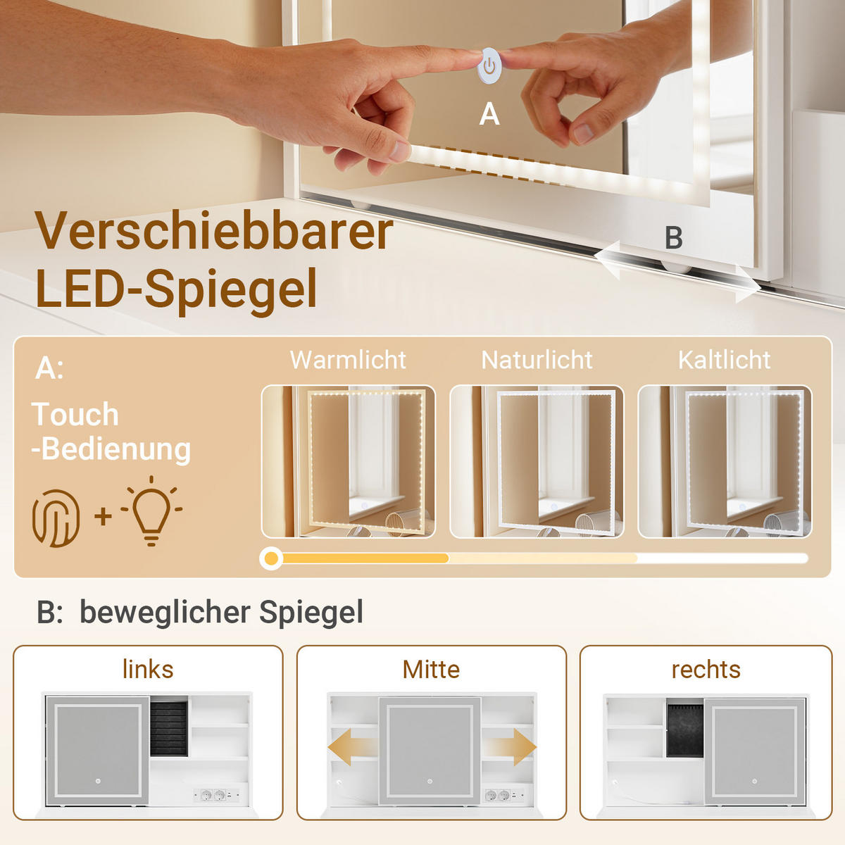 SCHMINKTISCH mit Spiegel (3 einstellbaren Lichtfarben) und Hocker 120x40x127cm - Weiß, Holzwerkstoff (120/127/40cm) - SoBuy