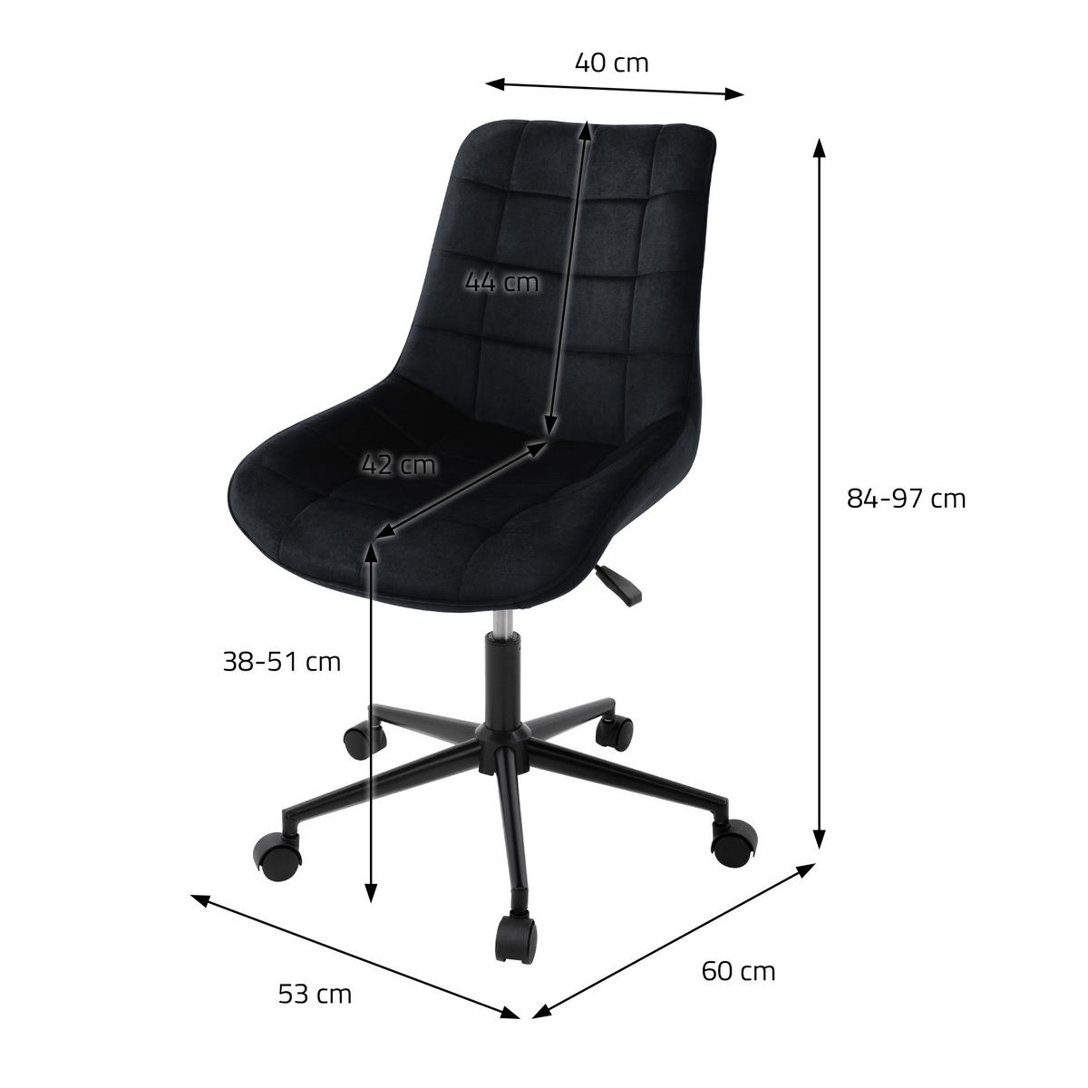 BÜROSTUHL Samt schwarz - Schwarz, Metall (53/97/60cm) - ML-DESIGN