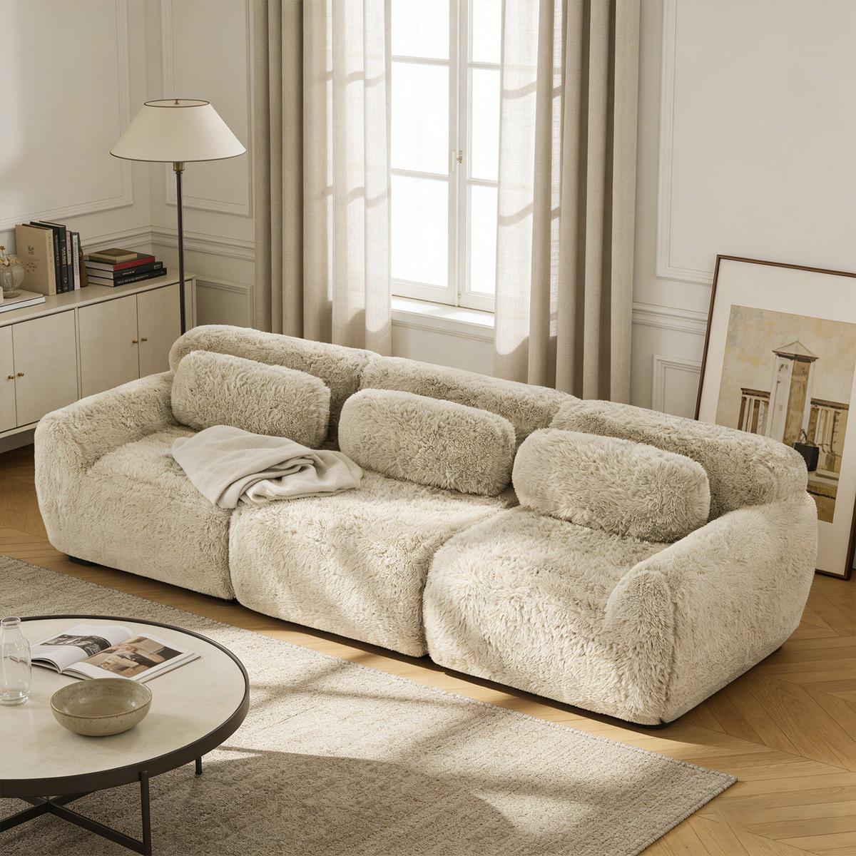COUCHTISCH mit Stauraum, Holzwerkstoff und Rattan, Braun - Beige, Textil (291/104/73cm) - Meubles Cosy