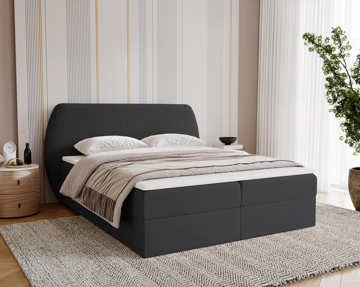 BOXBETT Bloom mit abgerundetem Kopfteil, Stoff Komodo Schwarz 120x200 cm - Schwarz, Holz (120/200cm) - Kaiser Möbel