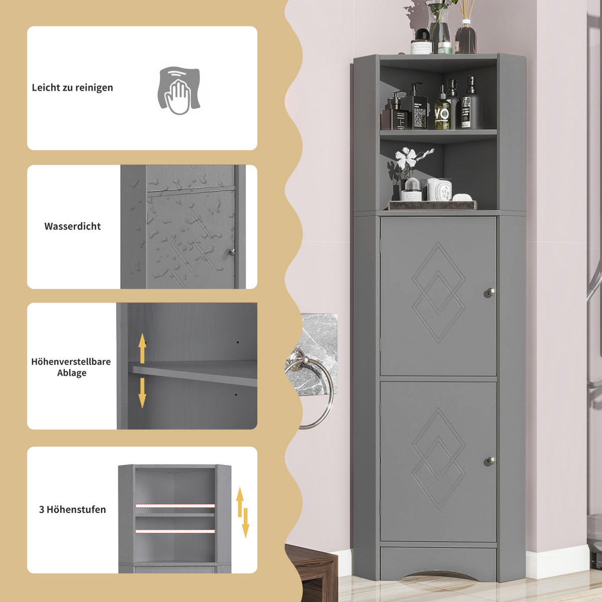 HOCHSCHRANK ,Badschrank Grau mit Türen offenen Fächern - Grau, Holz (36/155/36cm) - PARAFTA HOME