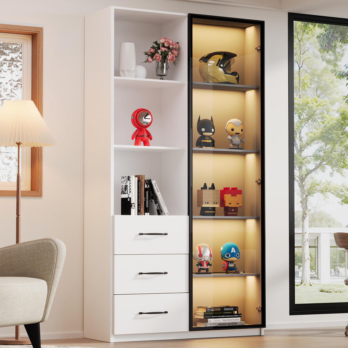 VITRINE aus Spanplatte 80x40x160 cm Weiß mit LED-Beleuchtung, Glastür und 3 Schubladen - Weiß, Holzwerkstoff (80/160/40cm) - IVMEU