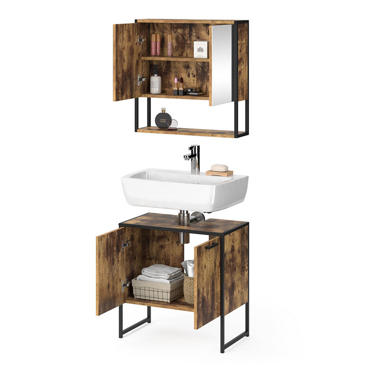 BADMÖBEL-SET Fyrk Antikholz 2 Teile, mit Spiegelschrank - Alteiche/Schwarz, Holzwerkstoff (60/60/33cm) - Vicco