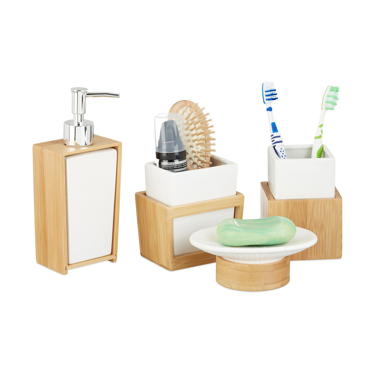 BADEZIMMER Set - Multicolor, Holz/Keramik (14/20/10cm) - Relaxdays