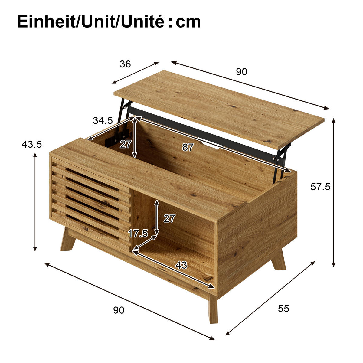 COUCHTISCH höhenverstellbar mit Jalousietür und MDF-Korpus - Naturfarben, Holzwerkstoff (55/90/57.5cm) - FLIEKS