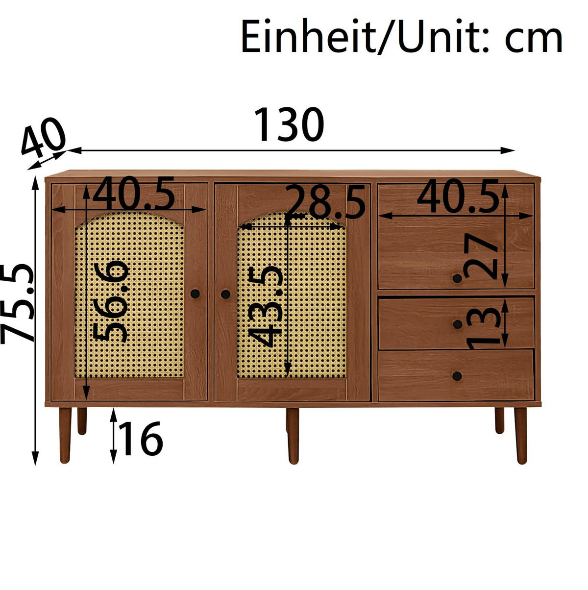 SIDEBOARD mit Rattantüren und verstellbaren Einlegeböden 130/40/75.5 cm - Eichefarben, Holzwerkstoff (130/75.5/40cm) - Redom