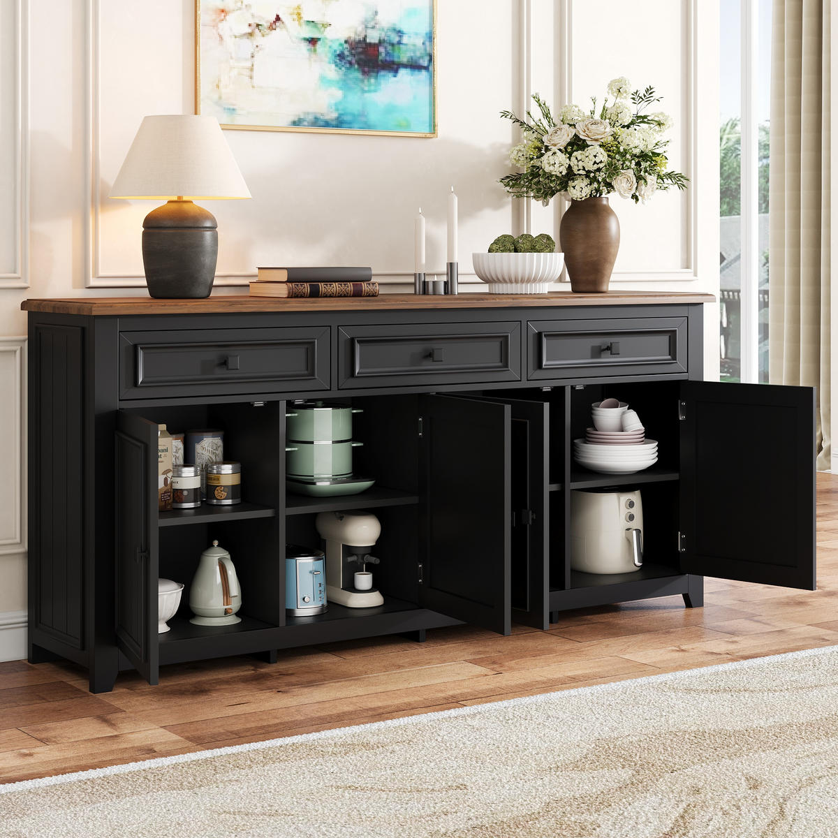 SIDEBOARD 160cm modern Anrichte Buffet Stauraum Wohnzimmer - Schwarz, Holzwerkstoff (35/76/160cm) - FLIEKS