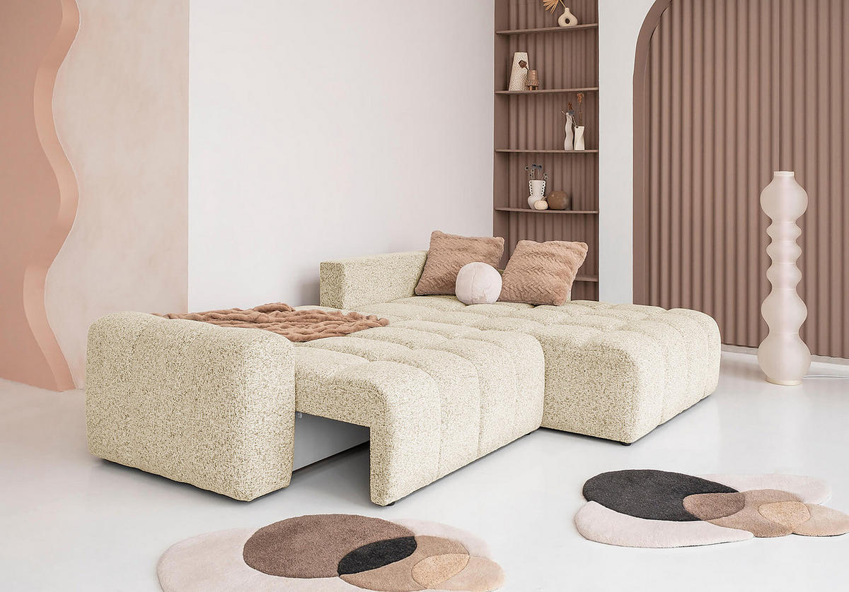 ECKSOFA mit Schlaffunktion - Strukturstoff - Creme/Schwarz, Kunststoff/Textil (268/184cm) - home24