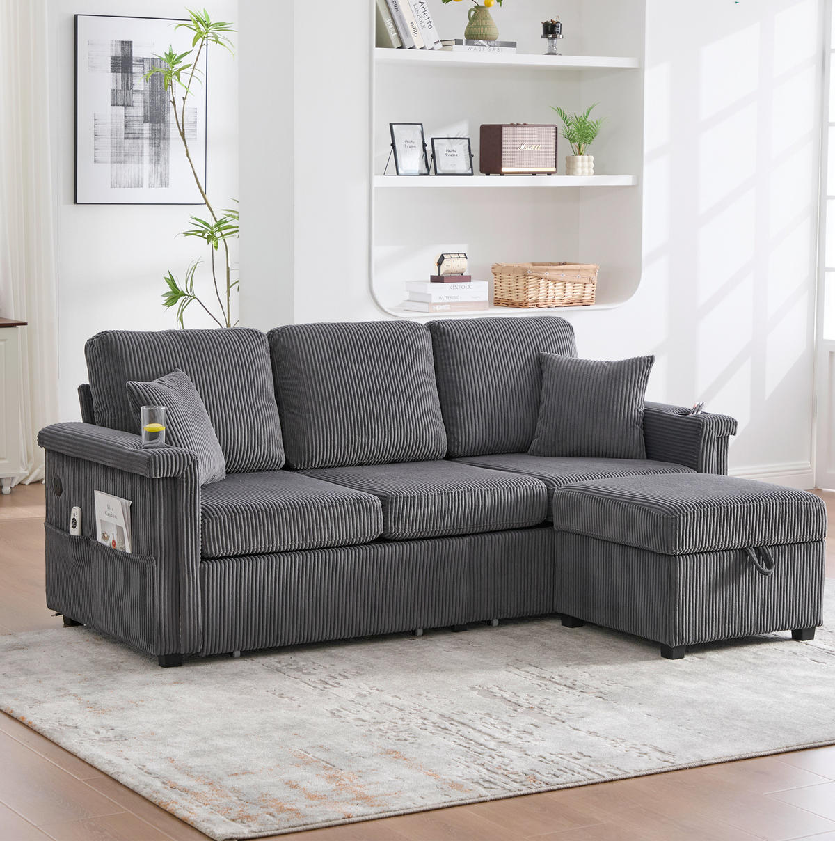 SOFA mit LED und USB/TYPE-C 194 x 73 x 81 cm Corduroy Dark Gray - Dunkelgrau, Kunststoff (194/81/73cm) - Meubliv