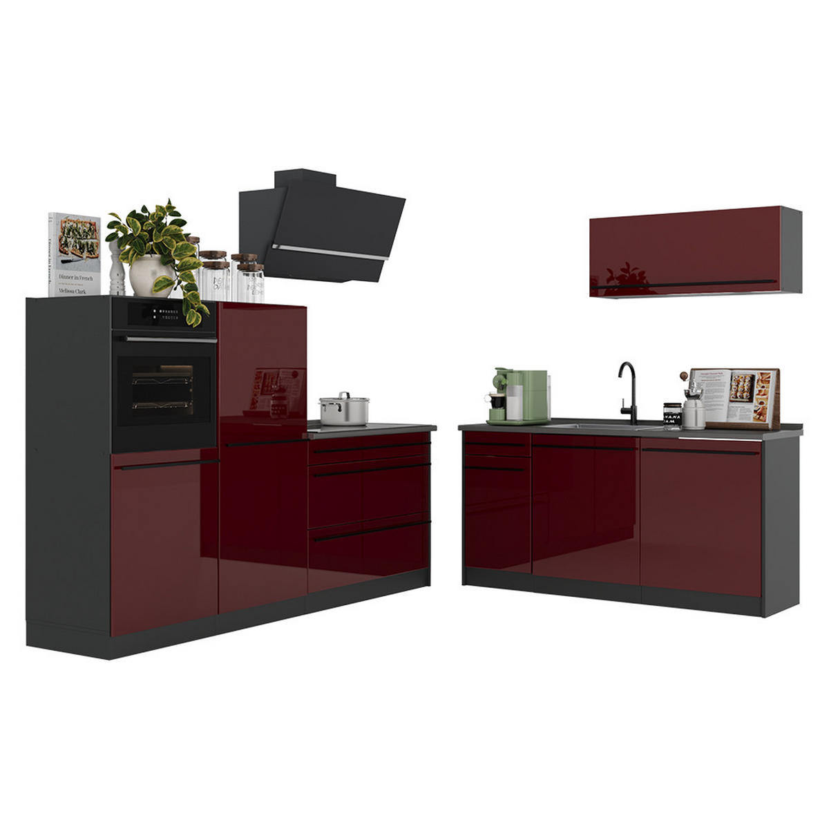 KÜCHENZEILE R-Line, Rot Hochglanz/Anthrazit, 220 cm ohne Arbeitsplatte - Anthrazit/Rot, Holzwerkstoff (220/143/46cm) - Vicco