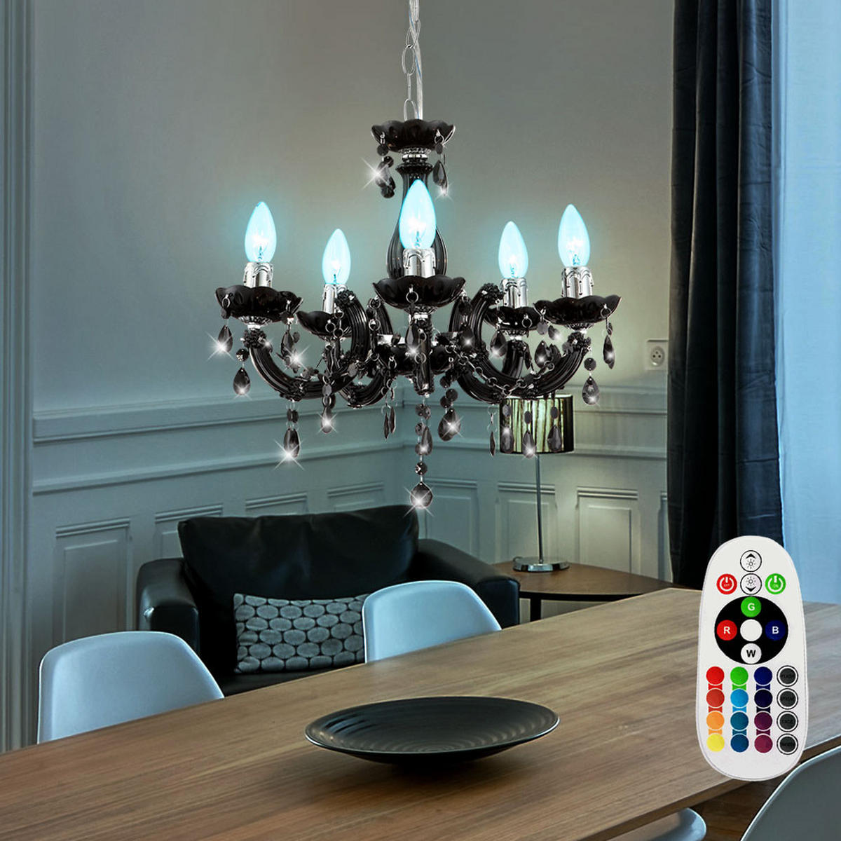 LED KRONLEUCHTER Acryldekor Schwarz mit Kristallen - Schwarz, Metall (44/44/128cm) - Globo Lighting