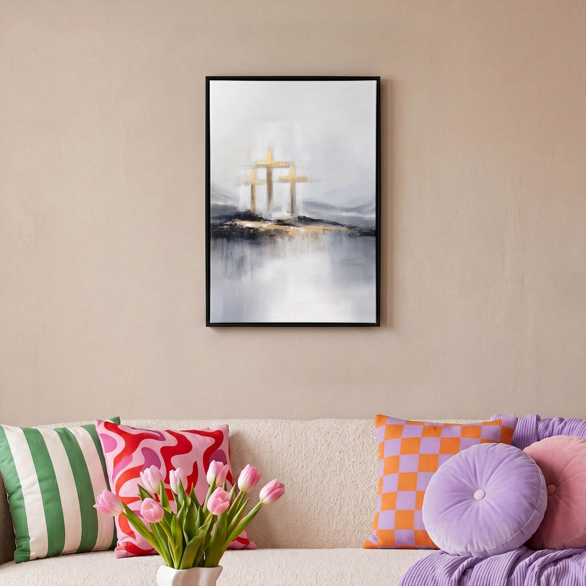 LEINWAND Bilder mit Rahmen - Abstrakt - Malerei - Christentum - Kreuz - 40x60 - Weiß, Textil (40/60cm) - MuchoWow