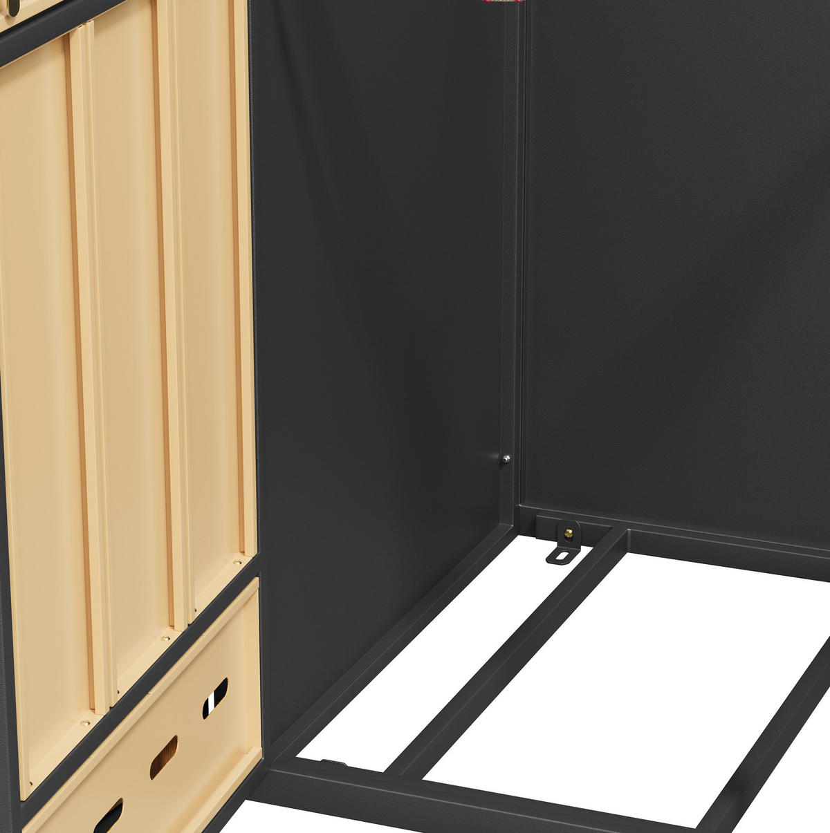 BOX na odpadkové koše z oceli 264x80x118 cm šedá/dekor dřeva se 4 oddíly, výklopným víkem, předními dvířky a větráním - šedá, kov (264/118/80cm) - Modfu