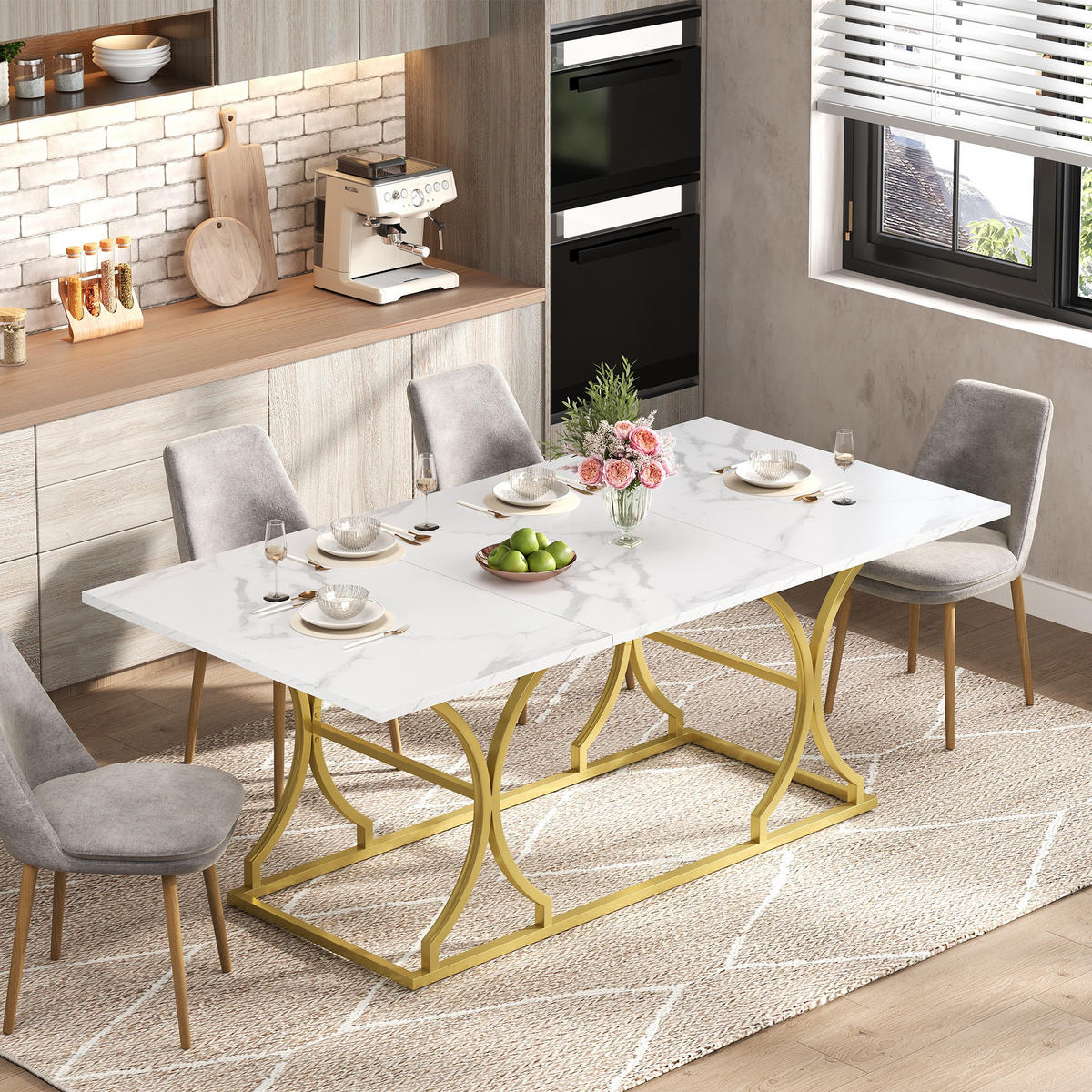ESSTISCH Weiß + Gold mit Metallbeinen und verstellbaren Fußgleitern 200/80/76 cm - Weiß, Holz (80/200/76cm) - Oxeza