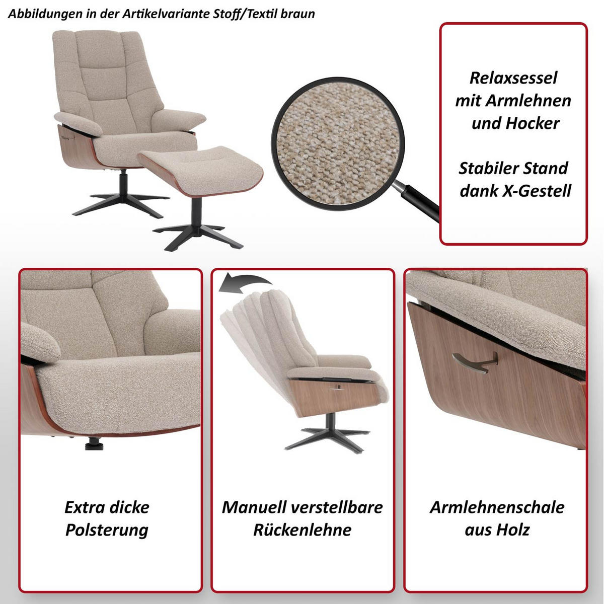 RELAXSESSEL + HOCKER Braun - Braun, Leder (81/105/106cm) - MCW