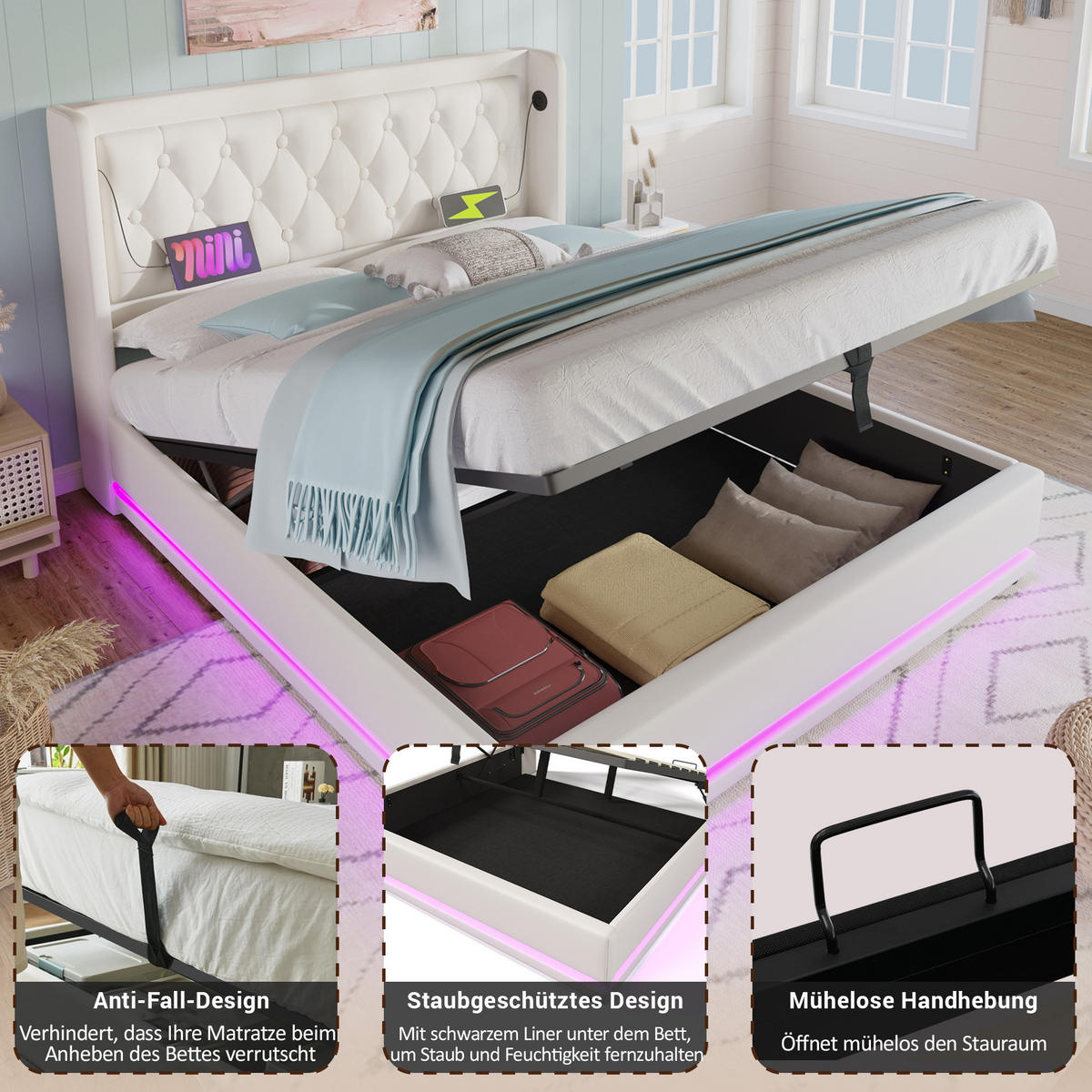 POLSTERBETT 160/200 cm mit hydraulischem Bettkasten, LED & USB/Typ-C, PU Weiß - Weiß, Kunststoff (160/200cm) - Redom